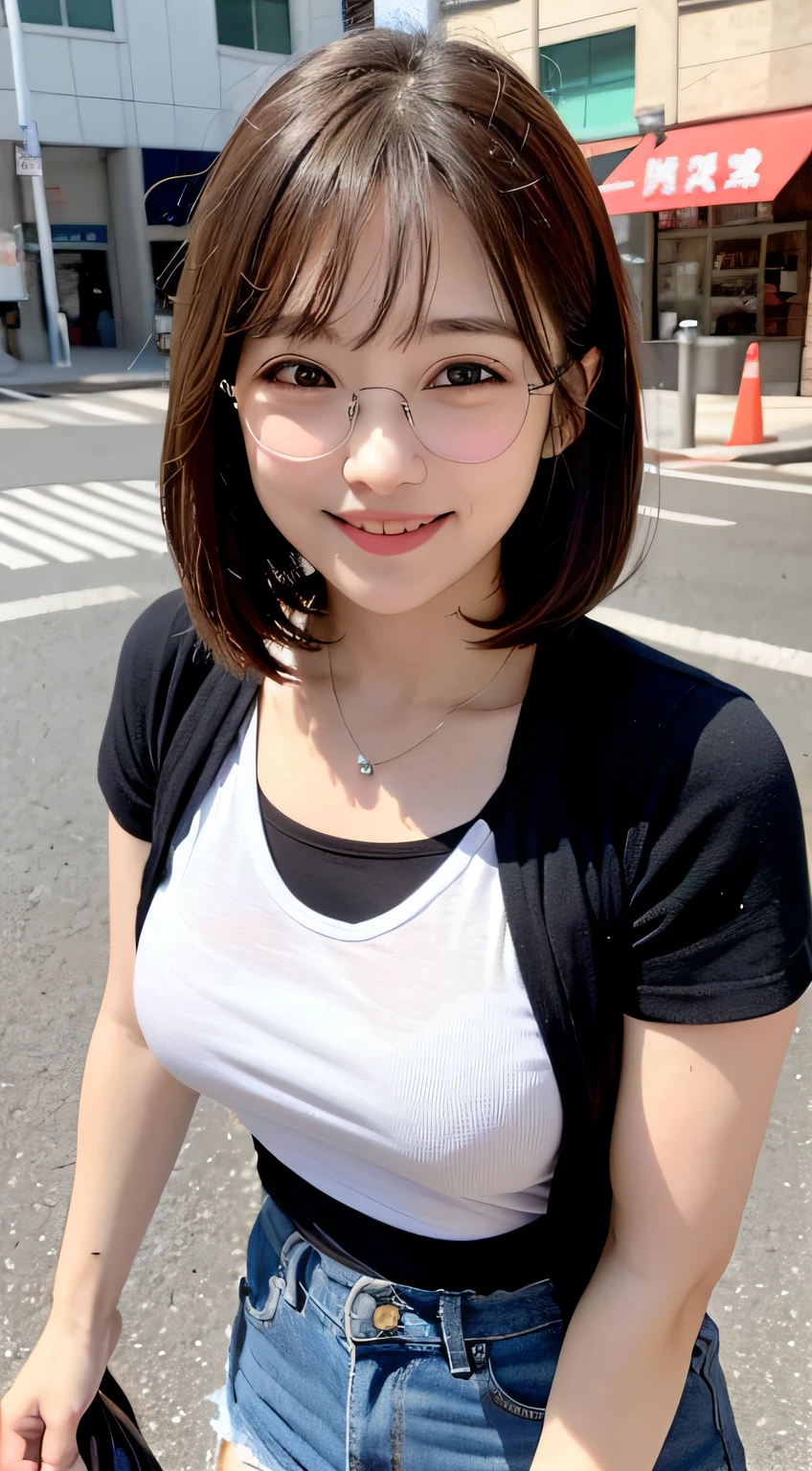 bob cuts、Cute teenage girl、AKB48 Team TP、AKB48 、(A masterpie、best qulaity:1.2)、ultra-highres、(photorealestic:1.4)、Detailed skin、cinematic lighting、friendly、intelligent、Get carried away by the conversation、Happiness、cordial、Energetic and、Cheerful and、Be creative、Glittering eyes and infectious smile、In the street、upper-body、full full body、Longhaire、Glasses