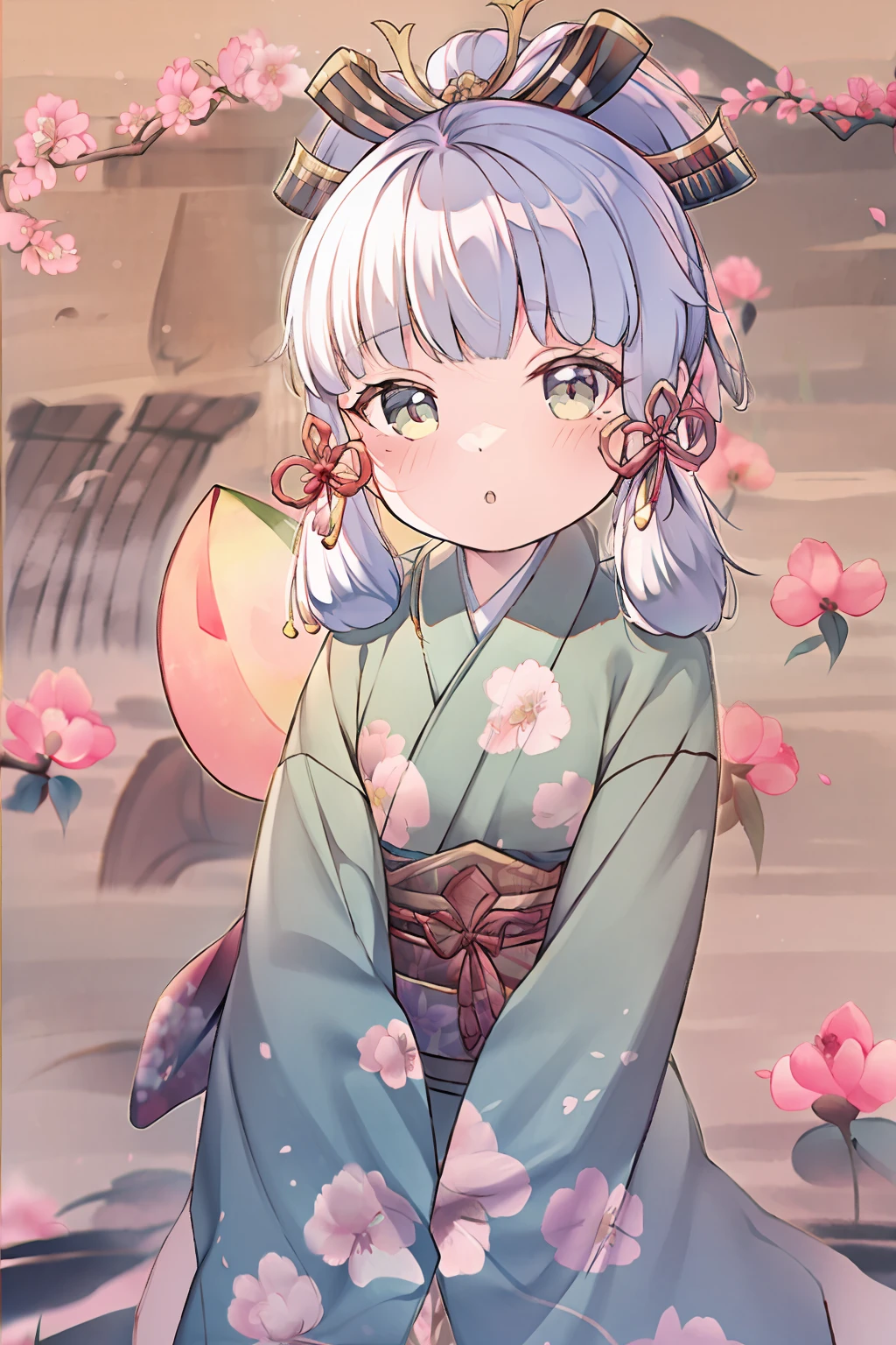 in kimono,(whitehair,Qi bangs:1.1),long way hair,(Melon seed face,loli face:1.1),(Peach blossom eyes:1.1),kamisato ayaka,(The painting style is cute:1.1),Ayaka,kamisato ayaka,view from distance