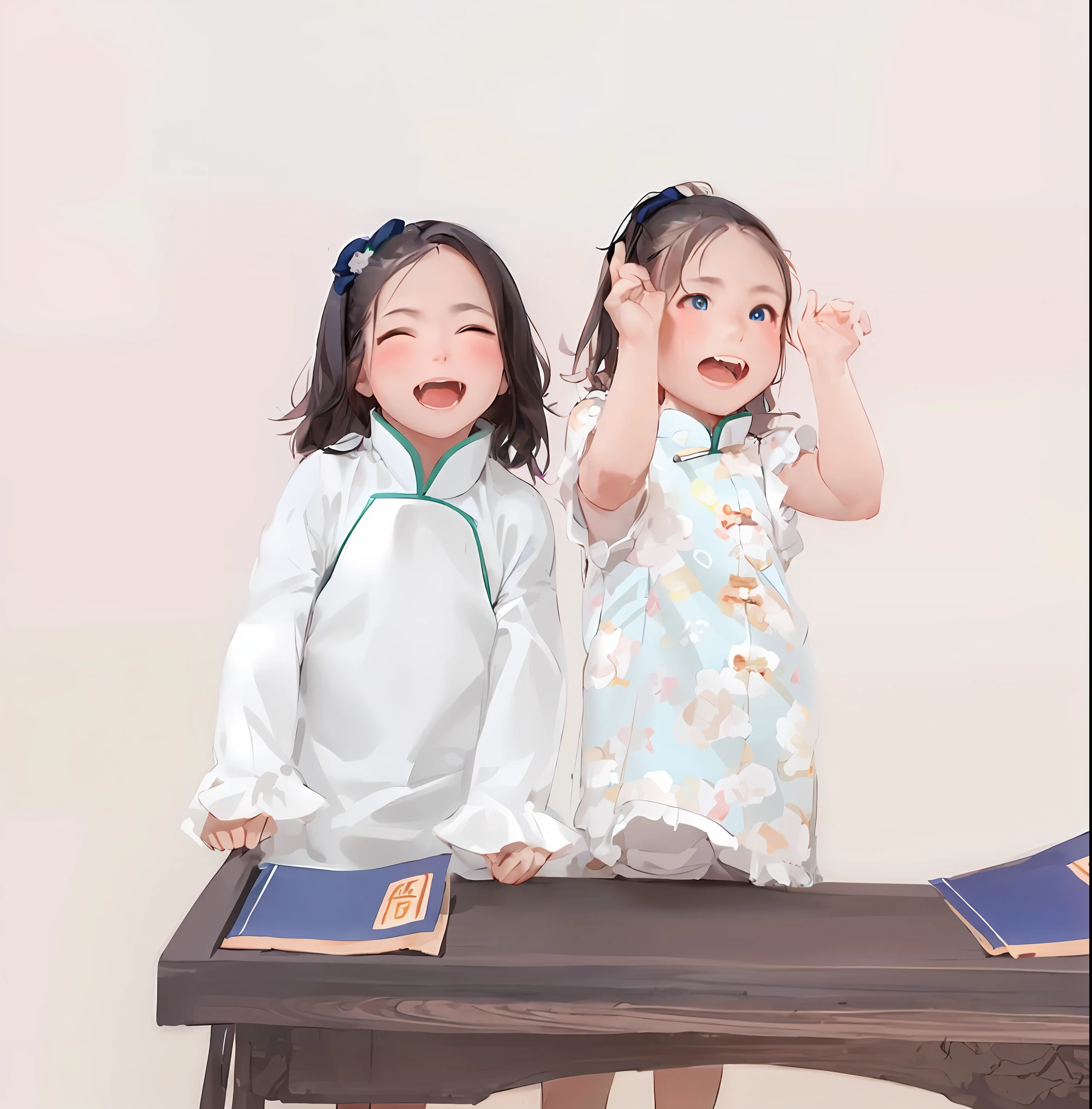 high qulity，8K，Two  twin girls standing at the table，nerds, Traditional Chinese clothing，having fun