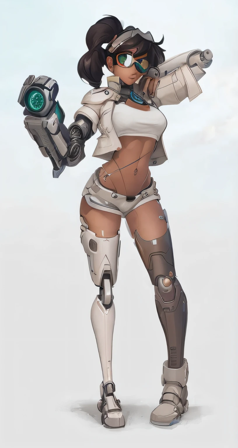 an image of a woman in a white top and black shorts with a robotic arm, menina ciborgue bonita, cyborg menina branca bonita, ciborgue - menina, Eco de Overwatch, menina ciborgue, pinup menina ciborgue bonita, female mecha, cyberpunk menina anime mech, menina comerciante ciborgue, female cyborg, mulher scifi, De Overwatch