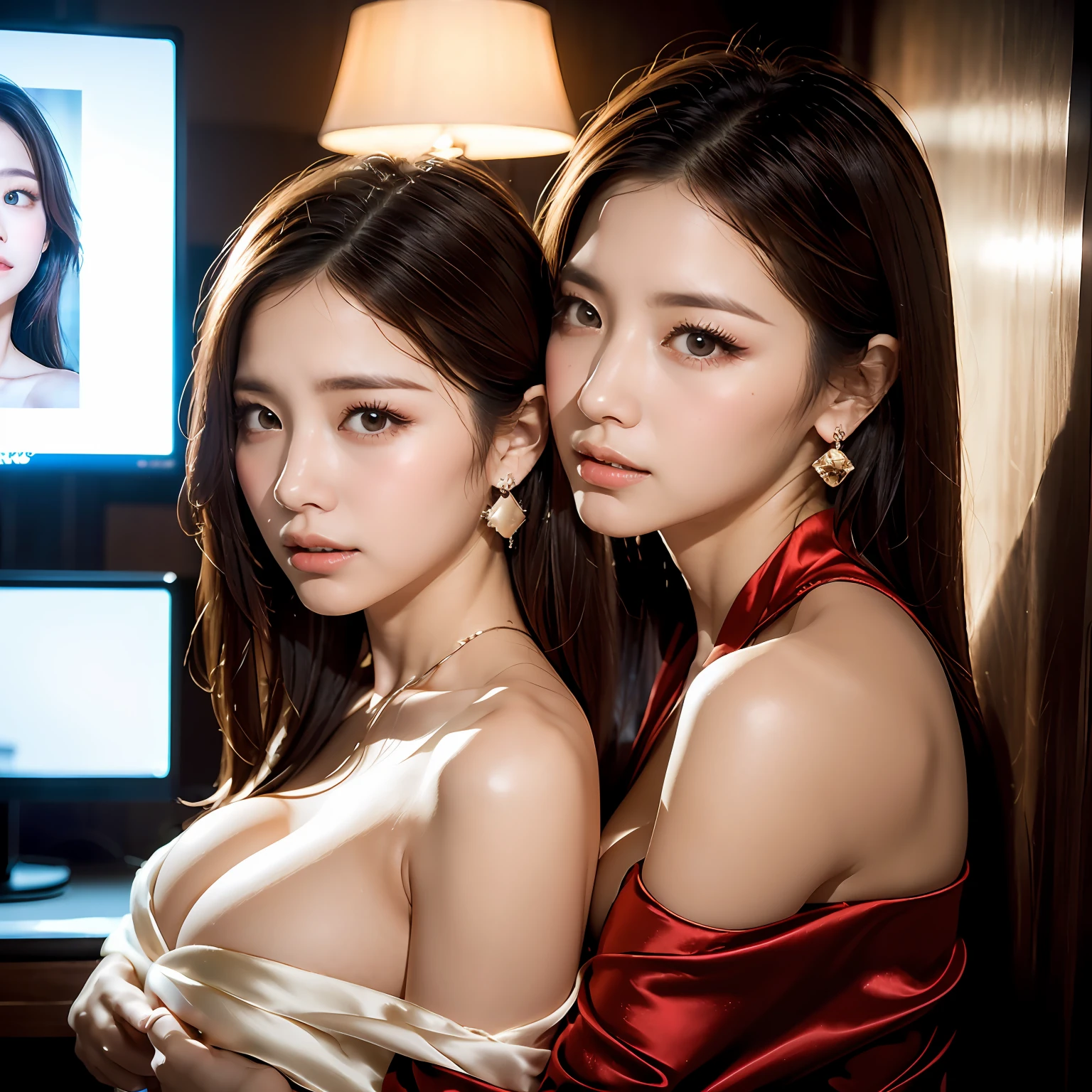 (Masterpiece: 1.3), (Maximum resolution: 1.2), (Ultra HDTV: 1.2), Cinema Light, Ultra HDTV, (Detailed eyes and skin), (Detailed facial features), HDR, 8k resolution, Sharp focus: 1.2, Perfect style, Beautiful face, Highly detailed face and skin texture, Detailed eyes, Brown eyes, Double eyelids, Thin eyebrows, Glitter Eyeliner: 1.2, Natural cheeks, Shiny skin, fair skin: 1.2, earrings, without a shiny small neck, (shiny lips: 1.4), BREAK, ((Innocent and cute two Sisters: 1.3)), ((Focus on face: 1.2)), (Wearing an elegant some colors of silk-robe off-shoulder: 1.3), (Seductive face: 1.2), (Layered hairstyle, brown hair, medium long hair), ((super gigantic breasts:1.5)), BREAK ,(Cowboy shot: 1.2), (hugging each other in an intimate way at night: 1.2)), (from the side:1.2), (hug from behind)