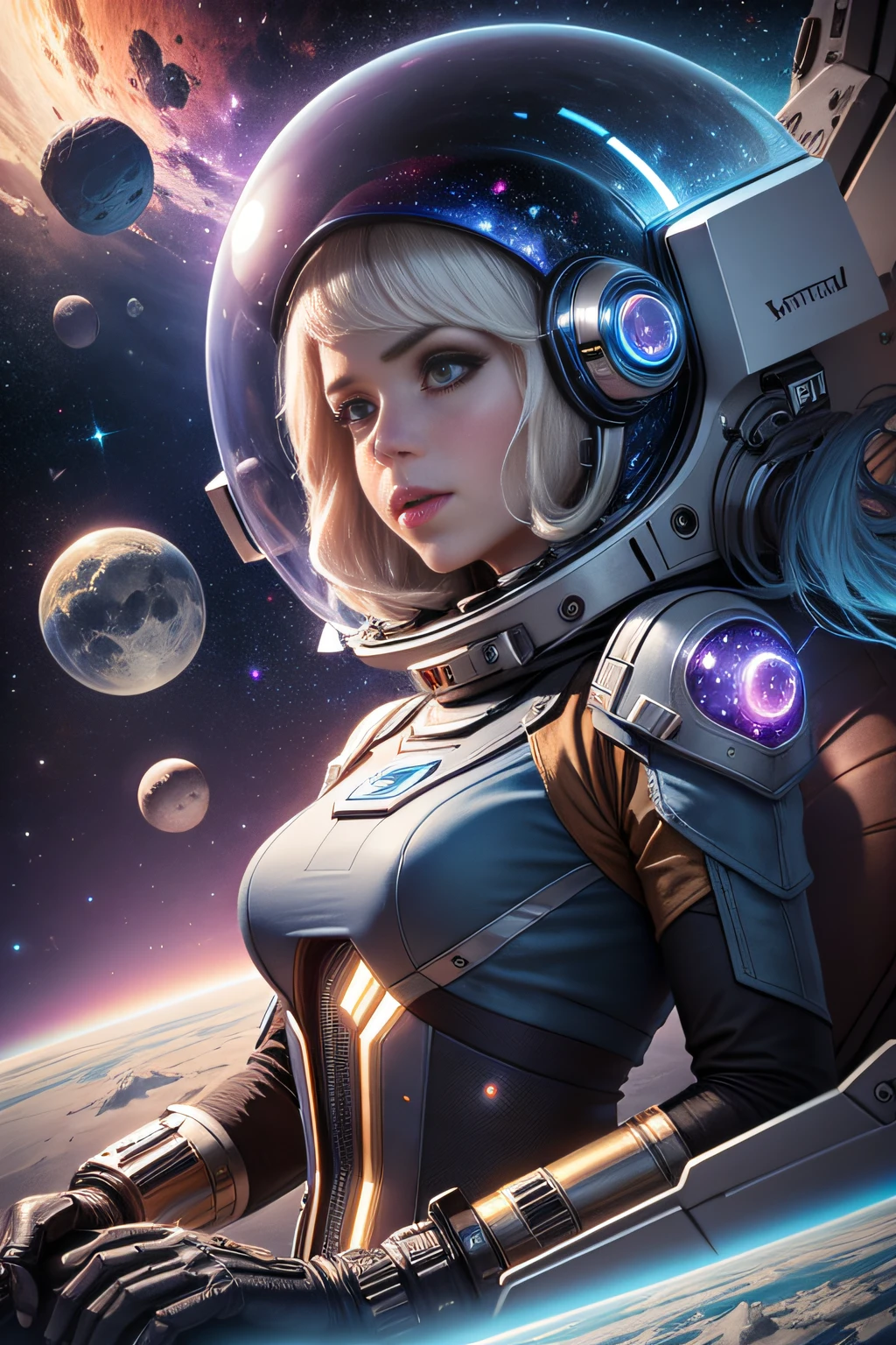 postapocalypse, High detail RAW color Photo, closeup shot, of (Space Adventurer woman, wearing white spacesuit, futuristic armor, (transparent helmet with headphones)), (standing on the Moon Surface), retrofuturism, (elegant, beautiful face), mechanical, gears, (detailed skin), (oil:0.6), (tesla coil:0.4), (Nixie tube:0.8), (highly detailed, hyperdetailed, intricate), (bloom:0.4), soft lighting, (side lighting:0.8), shadow casting, deep focus, photographed on a Leica 10772 M-P, 85mm macro lens, F/8 aperture, film still, (rebellion)
