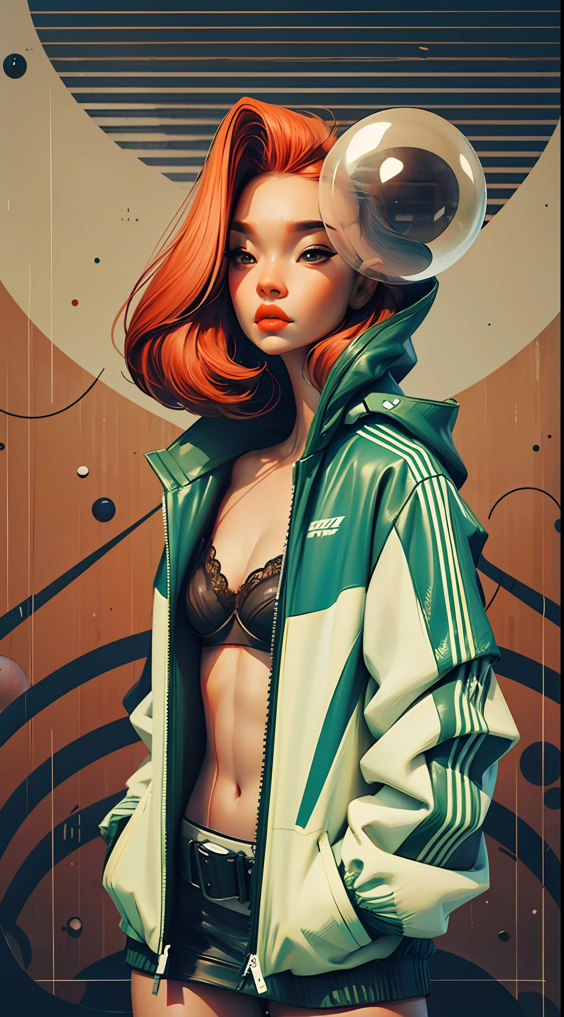 (atompunk+minimalist) style, a beautiful and intricate background composed of (spheres and lines), featuring a (techwear xadrez jacket with textures), 1 redhead girl in lingerie adds a touch of sensuality.