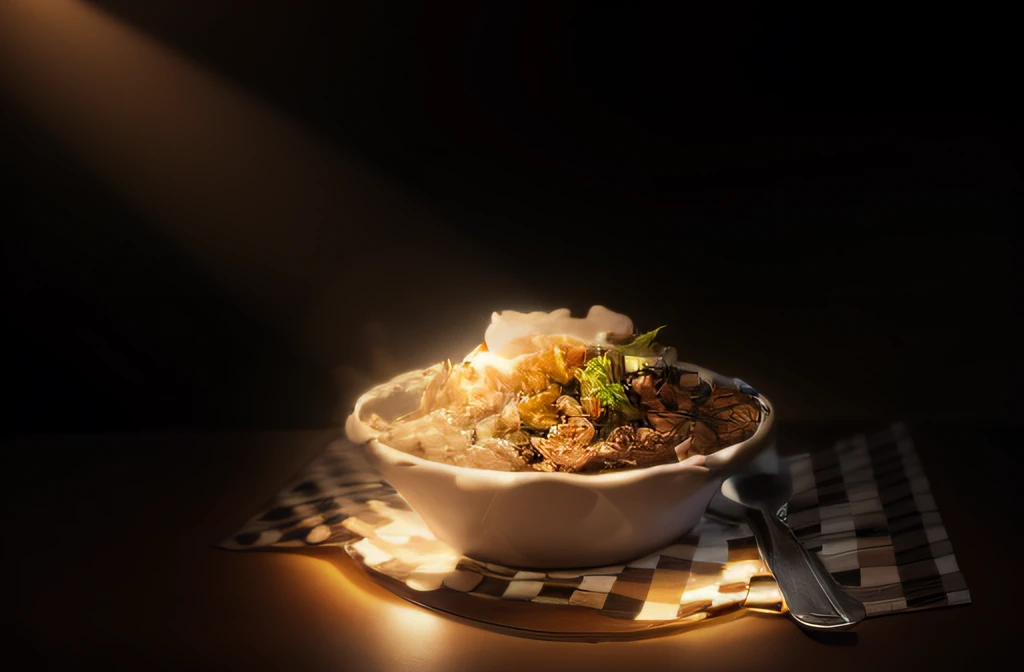 Un plato de comida con focos sobre fondo negro, Etapa LIGHRT, stage background, dramatic stage lighting, dramatic lighting. realista, stage light, stage lighting, ( ( Luces de escenario ) ), empty stage, Luces de escenario, theatrical lighting, Reflectores en segundo plano, sobre fondo oscuro, advanced stage lighting, lighting background --auto