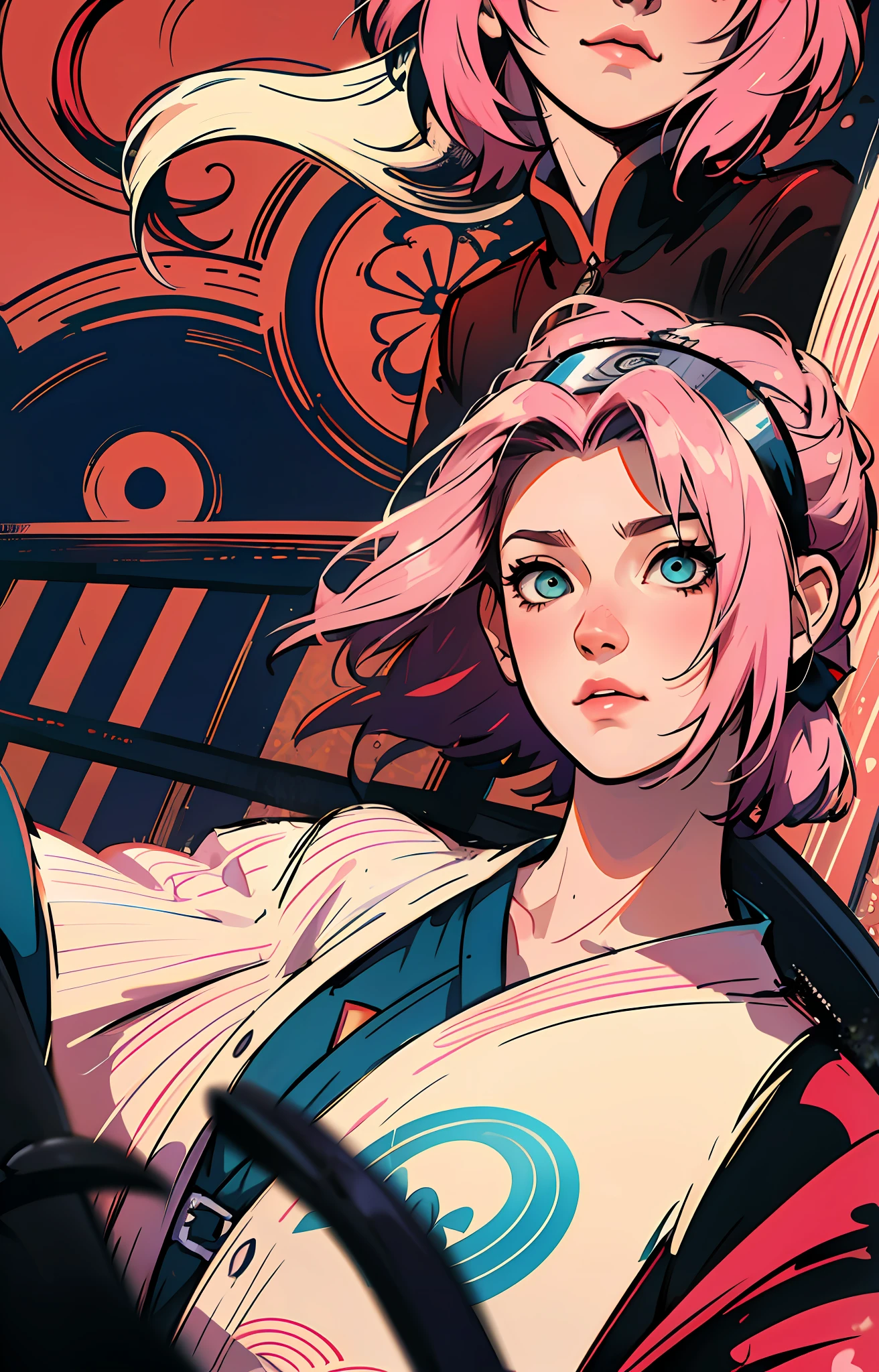 sakura haruno, ((somente)), sozinha, ((Head for the exhibition)), elegante, um kimono vermelho, Sakura haruno em Naruto Shippuden, she's charming, atraente, cabelo rosa, delicado, jovem, cabelo curto, detalhado, hight definition, ((corpo inteiro)), she's in her house looking at a picture, olhando para o espectador, she's a beautiful woman , beautiful and nice woman, Linda, Bela, alta qualidade, olhos definidos, hight definition, nitidos, sharp strokes, Linda, red bow in hair,trending on ArtStation, por RHADS, Andreas Rocha, Horse, Makoto Shinkai, Laurie Greasley, Lois van Baarle, Ilya Kuvshinov e Greg Rutkowski