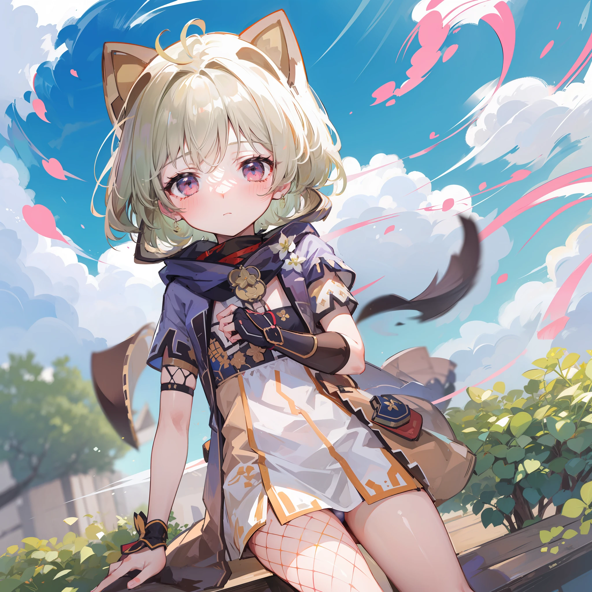 get  blush， al fresco， During the Day， simple Backgrounds， a blue sky， Rippled hair， skies， Lori， The expression is cute，Small short legs，head portrait，High-quality underwear，shylily，solo，1girl，??????????? loli