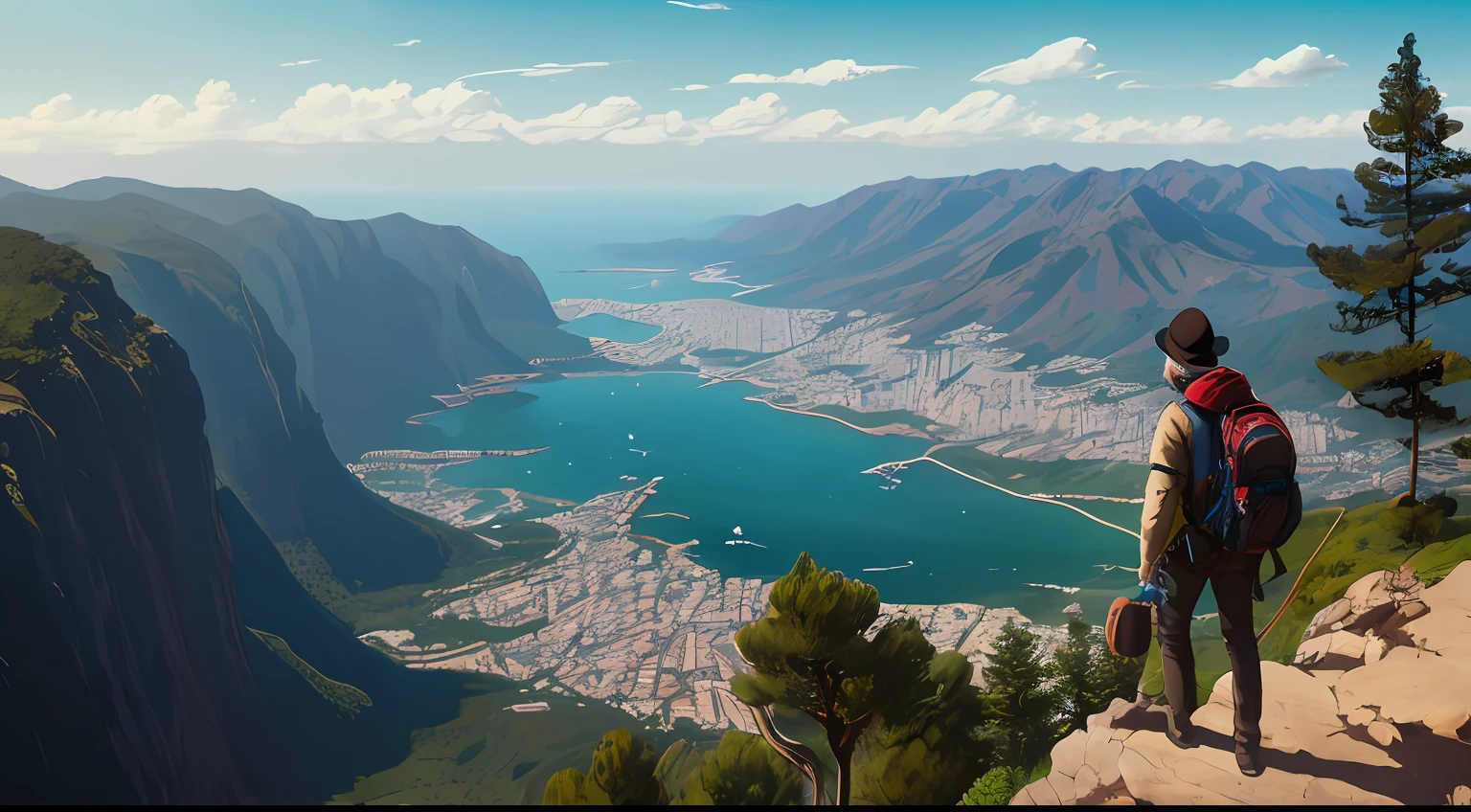 (high detailed illustration), Ultra detailed illustration of an explorer on top of a cliff looking at a modern city, pine trees, cerca de madeira, muros de pedra, torres, tree's, nuvens deformadas, perfection, Vetor cartunesco, ((Jeremy Mann misturado com Giovanni Boldini, e Studio ghibli)), altamente ilustrado, Ambiente deslumbrante, airborne view --v 6