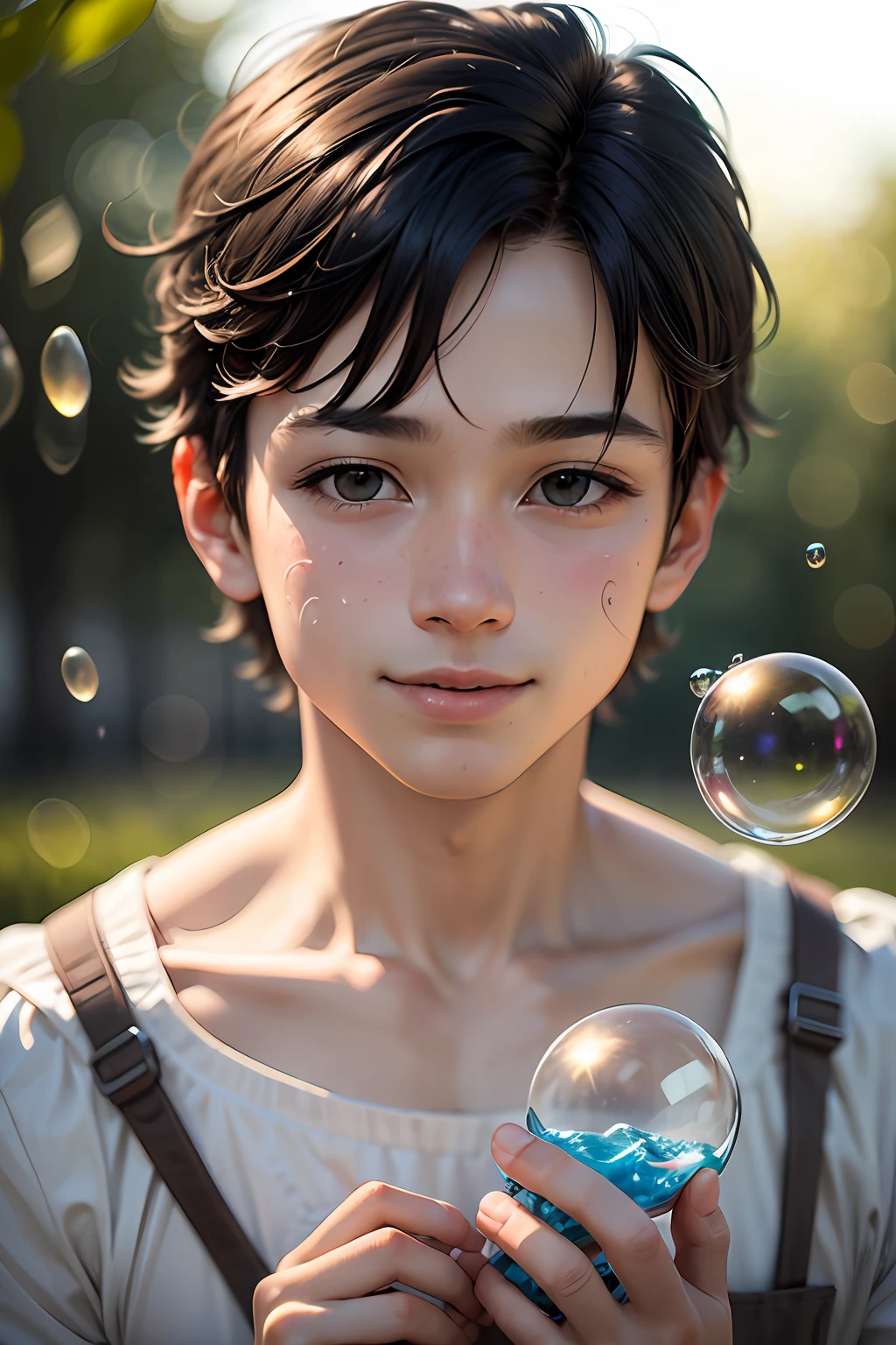A boy, botanical garden, many bubbles, happy, happy, perfect quality, Clear Focus (clutter - home: 0.8), (Masterpiece: 1.2) (Realistic: 1.2) (bokeh) (Best Quality) (detailed skin: 1.3) (intricate detail) (8K) (Detail Eyes) (Sharp focus), (happy) --auto