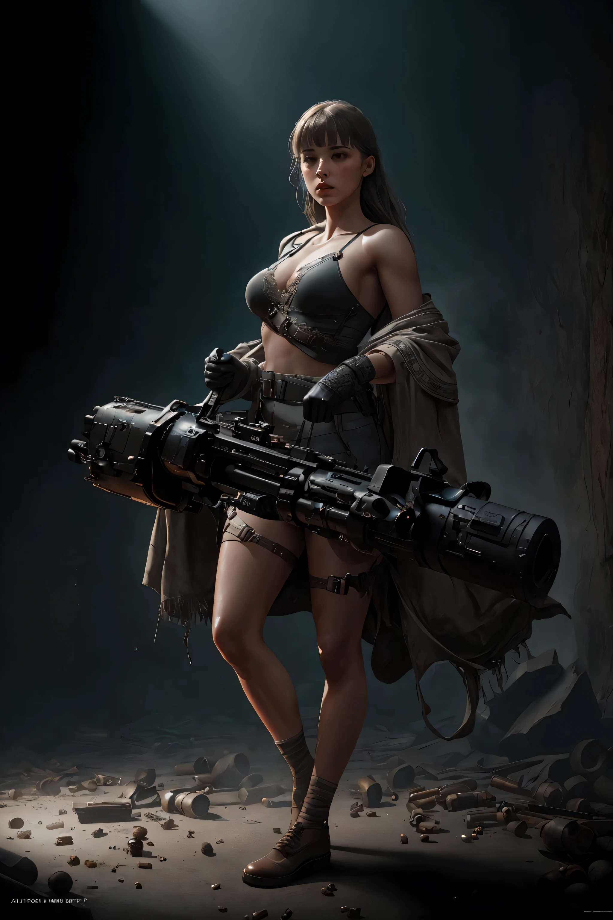 masterpiece, top quality, best quality, official art, beautiful and aesthetic,
1girl,hoding gatling gun,gun,  shell casing, looking at viewer, bangs, ammunition belt, gloves,breasts,firing,
extreme detailed,highest detailed, optical mixing, playful patterns, lively texture, unique visual effect,(dark shot:1.1), epic realistic, RAW, analog,((highly detailed skin, skin details,sharp focus, volumetric fog, 8k UHD, DSLR, high quality, film grain, Fujifilm XT3, art by greg rutkowski and artgerm, soft cinematic light, adobe lightroom, photolab, hdr, intricate, highly detailed, (depth of field:1.4), faded, (neutral colors:1.2), (hdr:1.4), (muted colors:1.2), hyperdetailed, (artstation:1.4), cinematic, warm lights, dramatic light, (intricate details:1.1), complex background, (rutkowski:0.66), (teal and orange:0.4), (natural skin texture, hyperrealism, soft light, sharp),(full body)