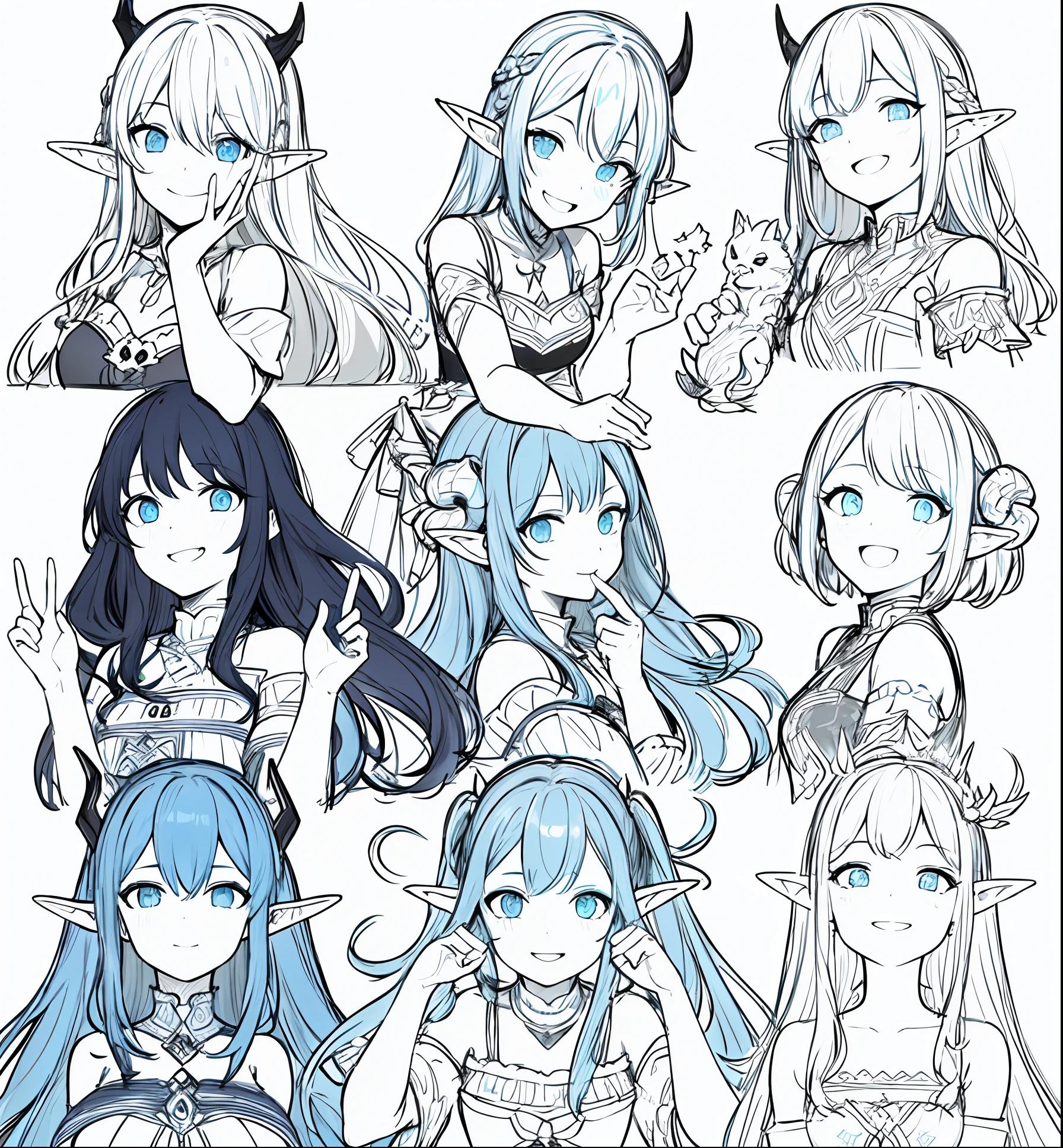A girl with two dragon horns on her head stood there，A smile on his face，Happy expression，The Masterpiece, Need, 1girl, solo, Ancient bloating, Blue elf hair, simplebackground, White background, flat-colors, Line drawings, ((sketch))