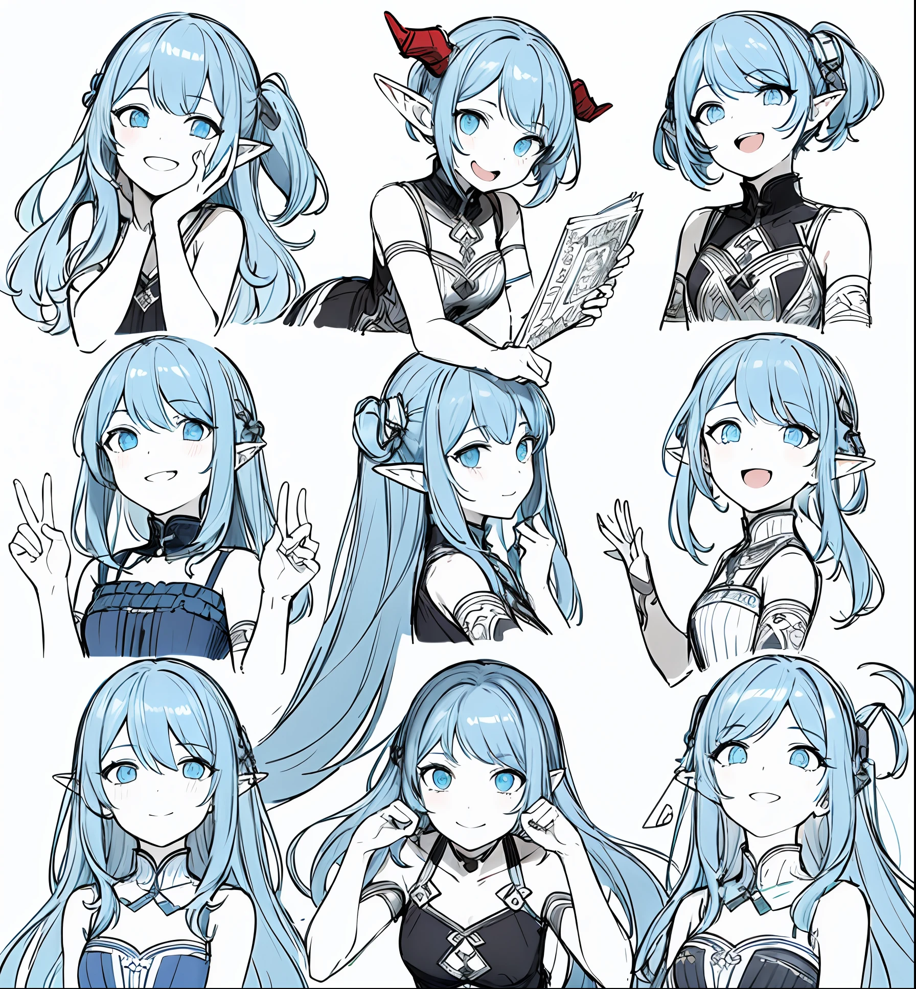 A girl with two dragon horns on her head stood there,A smile on his face,Happy expression,The Masterpiece, Need, 1girl, solo, Ancient bloating, Blue elf hair, simplebackground, White background, flat-colors, Line drawings, ((sketch))