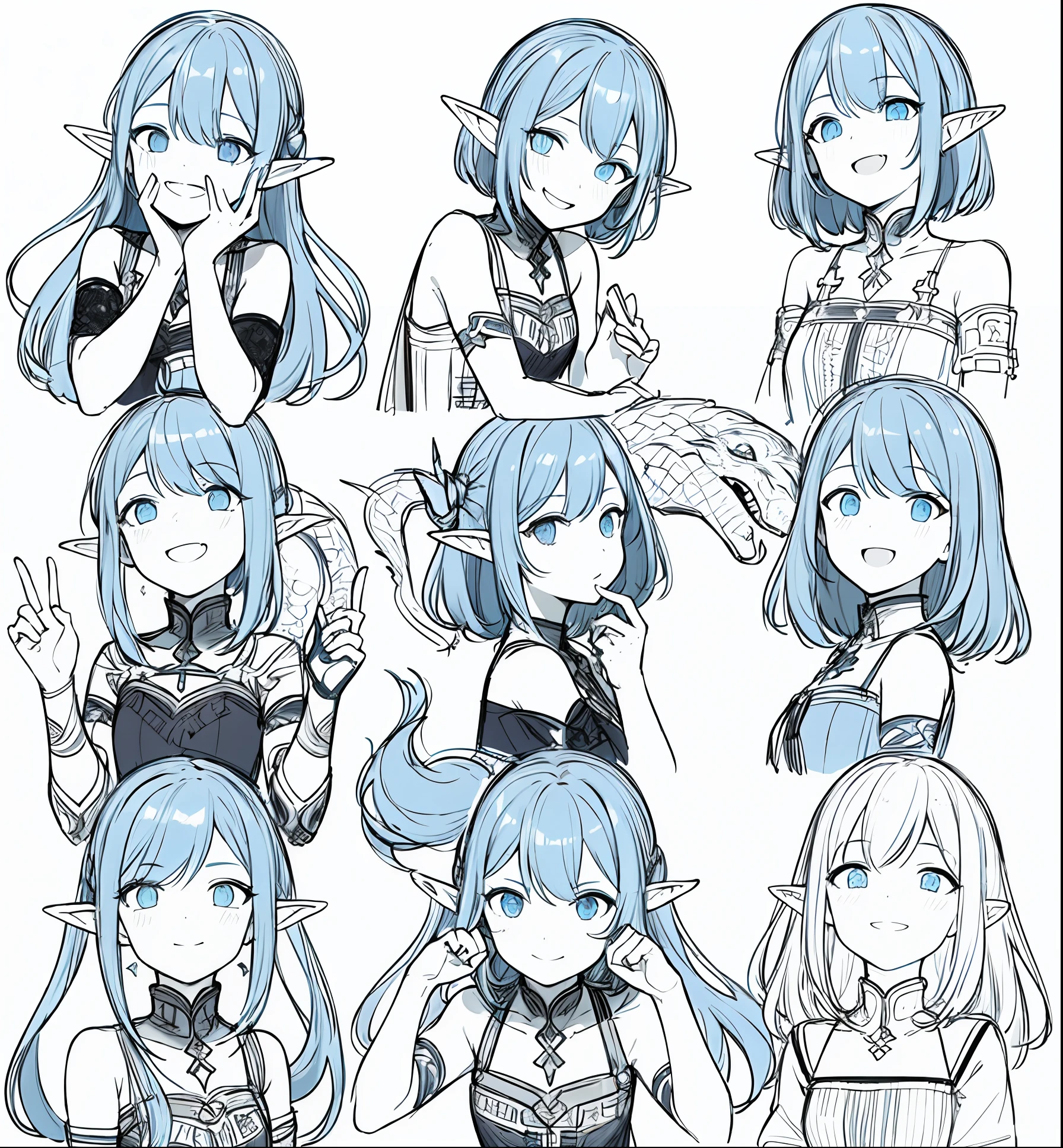 A girl with two dragon horns on her head stood there,A smile on his face,Happy expression,The Masterpiece, Need, 1girl, solo, Ancient bloating, Blue elf hair, simplebackground, White background, flat-colors, Line drawings, ((sketch))