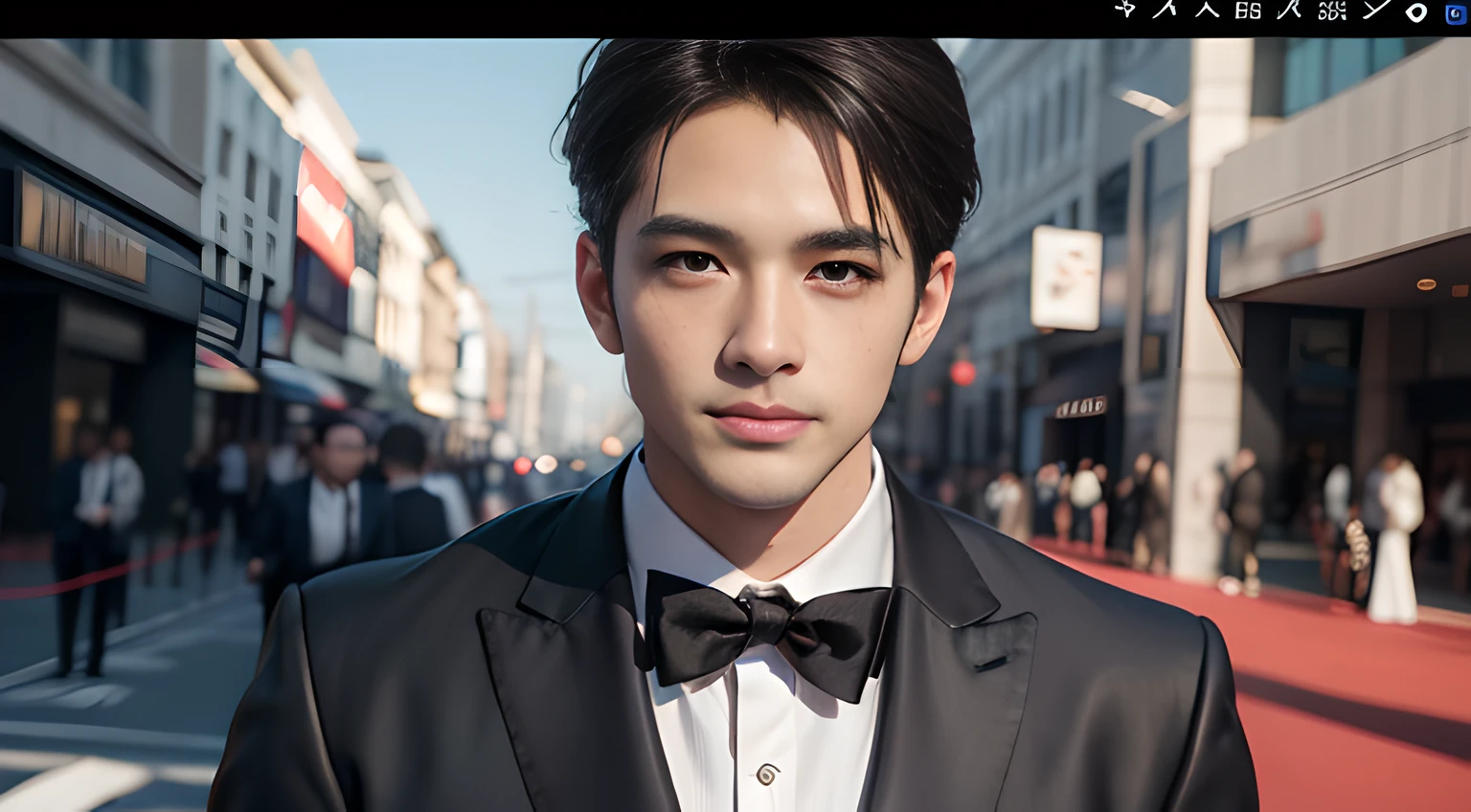 (head shot), handsome muscular man in his 30's, A handsome man wearing a tuxedo is on the red carpet of the Academy Awards, mischievous smile, (small details: 1 in 1), natural muscles, hig quality, beautifull eyes, (Detailed face and eyes), (Face、: 1 / 2), noise, real pictures、... ..............PSD, Sharp focus, High resolution 8K, Realstic & Professional Photography, 8k UHD, Soft lighting, High quality, Film Grain, Fujifilm XT3