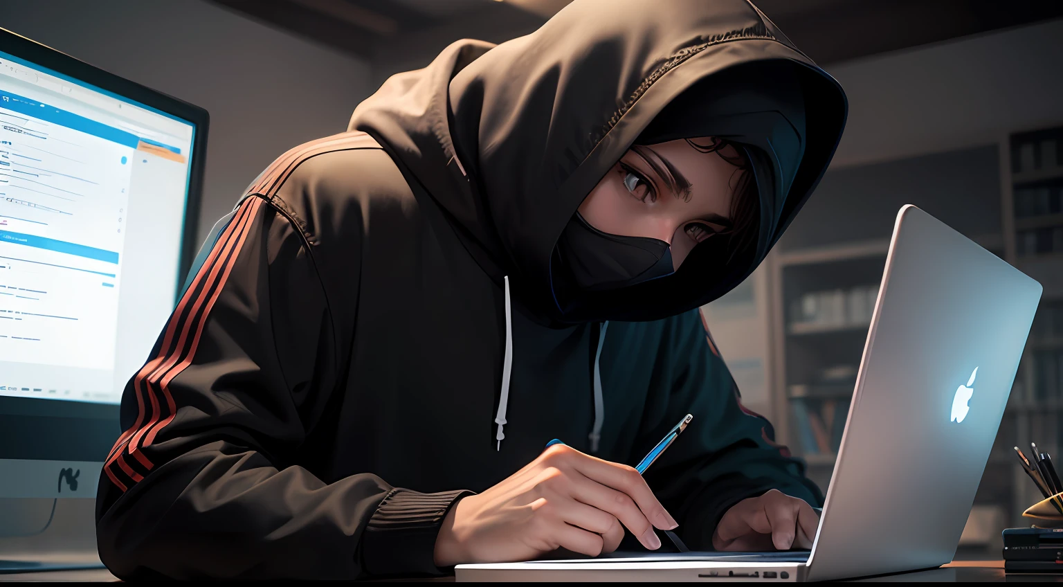 hacker studying, black skin, black hood, computer, high detail, lofi, 4k --auto