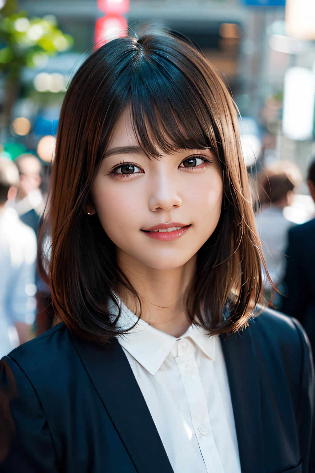 (8k、RAW Photography、beste Quality、A masterpie:1.2)、(Realstic、photorealestic:1.37)、Ultra detailded、ultra-highres、The girls1people、see the beholder、Beautiful detailed face、smile on face、Constriction、(slim waist) :1.3)、shirts、Beautiful detailed skin、Skin texture、Floating hair、Professional lighting、In the street