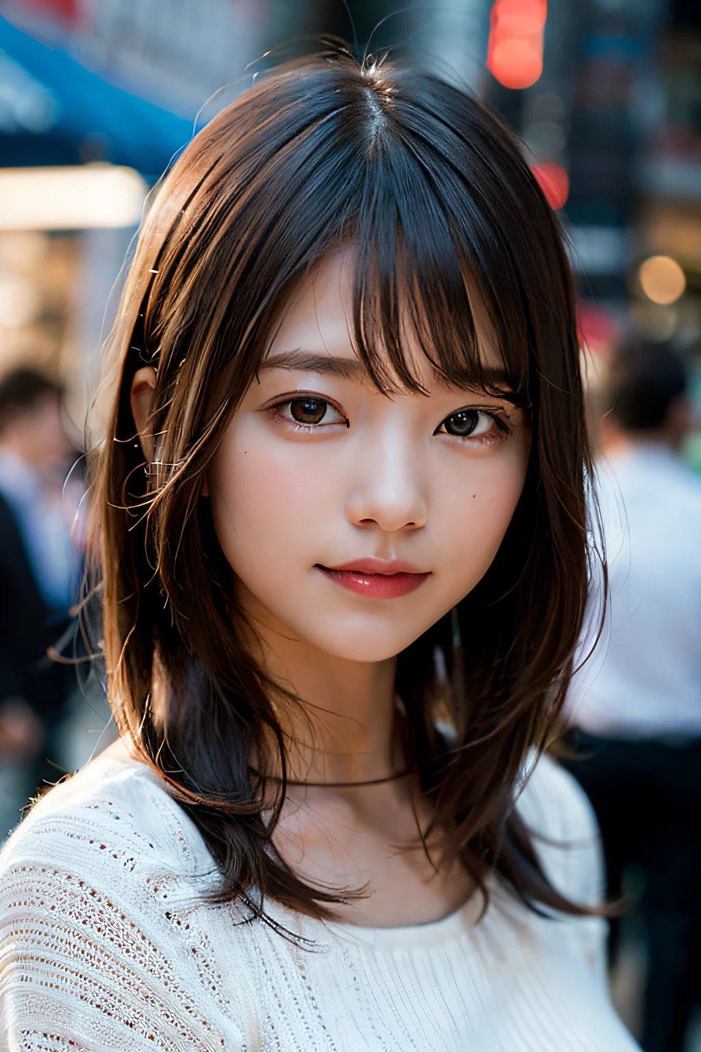 (8k、RAW Photography、beste Quality、A masterpie:1.2)、(Realstic、photorealestic:1.37)、Ultra detailded、ultra-highres、The girls1people、see the beholder、Beautiful detailed face、smile on face、Constriction、(slim waist) :1.3)、shirts、Beautiful detailed skin、Skin texture、Floating hair、Professional lighting、In the street