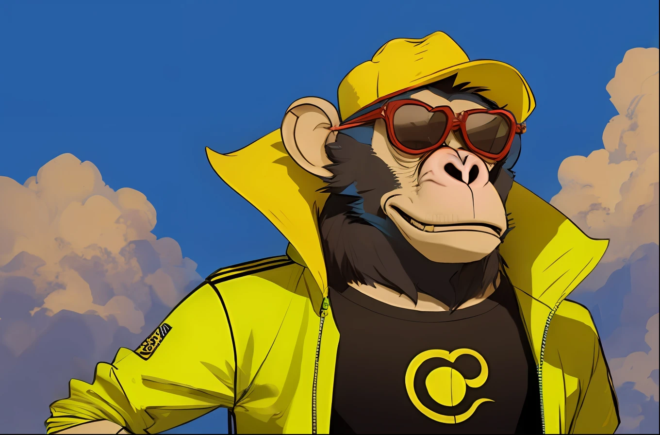 cartoon monkey wearing a yellow hat and sunglasses, inspirado em Alex Petruk APe, A Turma do Banana Blue, Gonzo, humanoid monkey fantasy race, macaco entediado nft, Directed by: Alex Petruk APe, arte vibrante dos desenhos animados, macaco, Directed by: Andrei Kolkoutine, Macaco, Alexey Egorov, inspirado em Jeff Koons