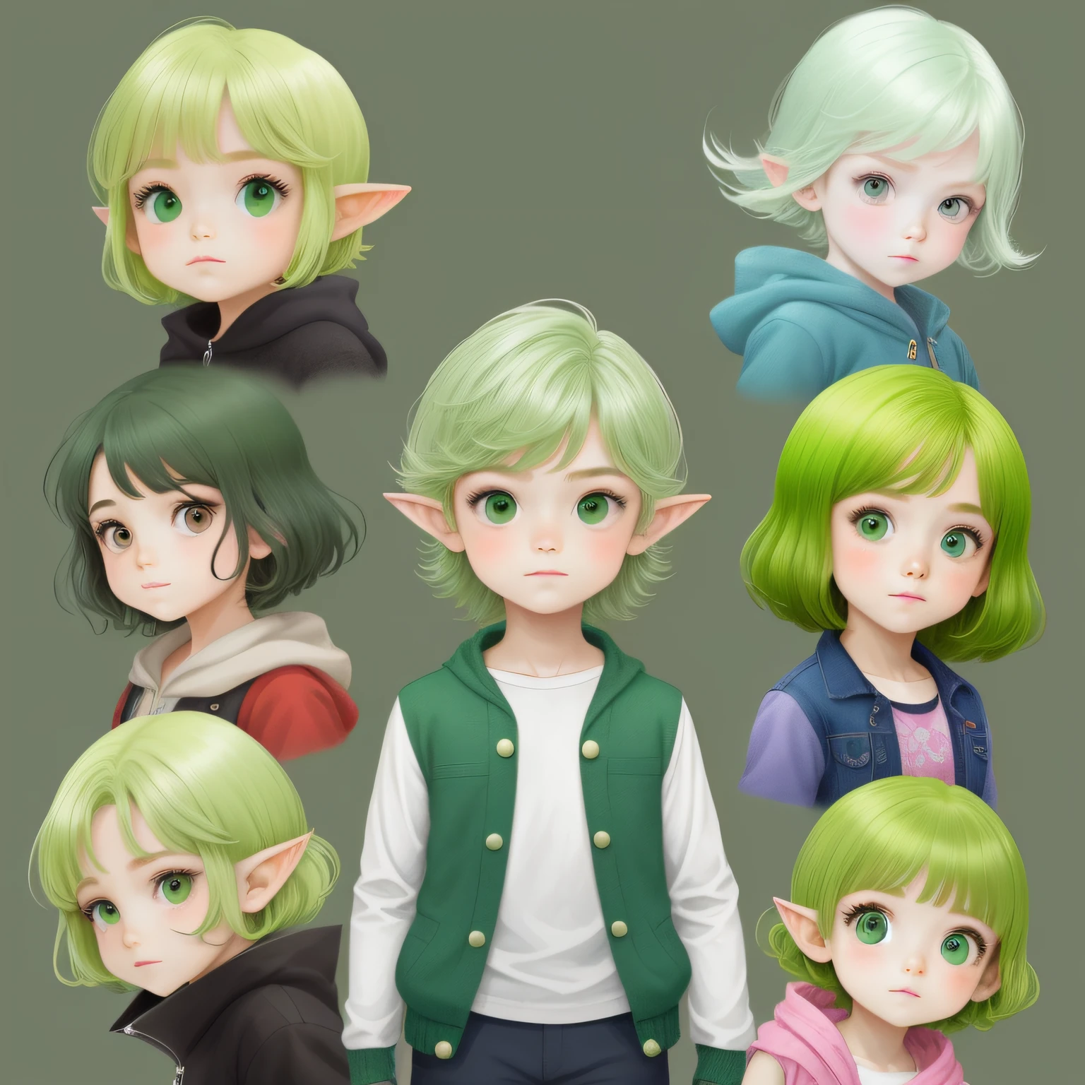 a little fairy child, with various poses and expressions, em um fundo branco, children's book illustration, manga-style, para 6 anos, ((a girl: de cabelos e vestes verdes com cabelo curto e liso e olhos verdes cintilantes))