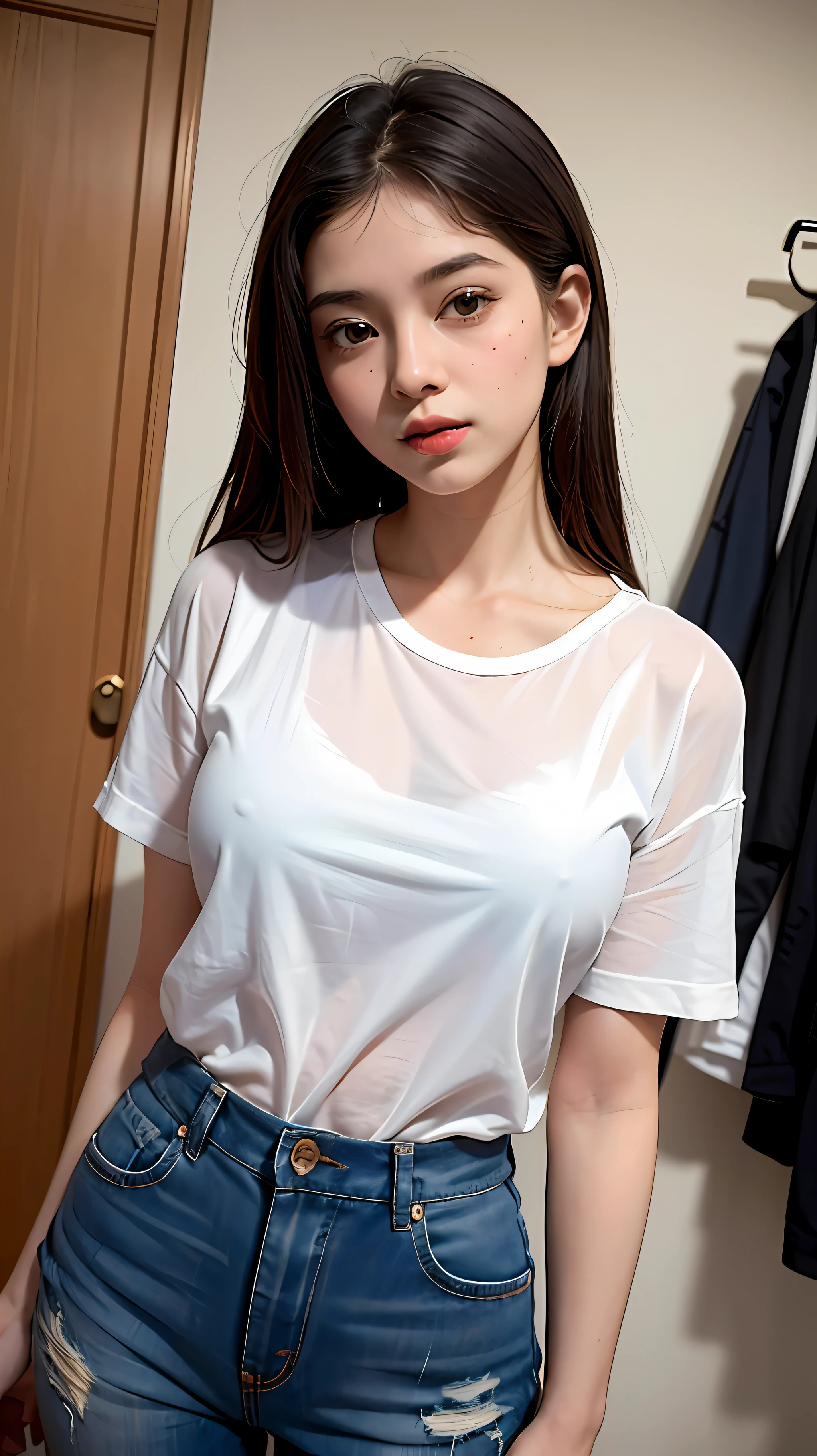 Superior Quality, Masterpiece, Ultra High Resolution, (Photorealistic: 1.4), dutch angle, uma , top branco, Glued pants, em um quarto minimalista