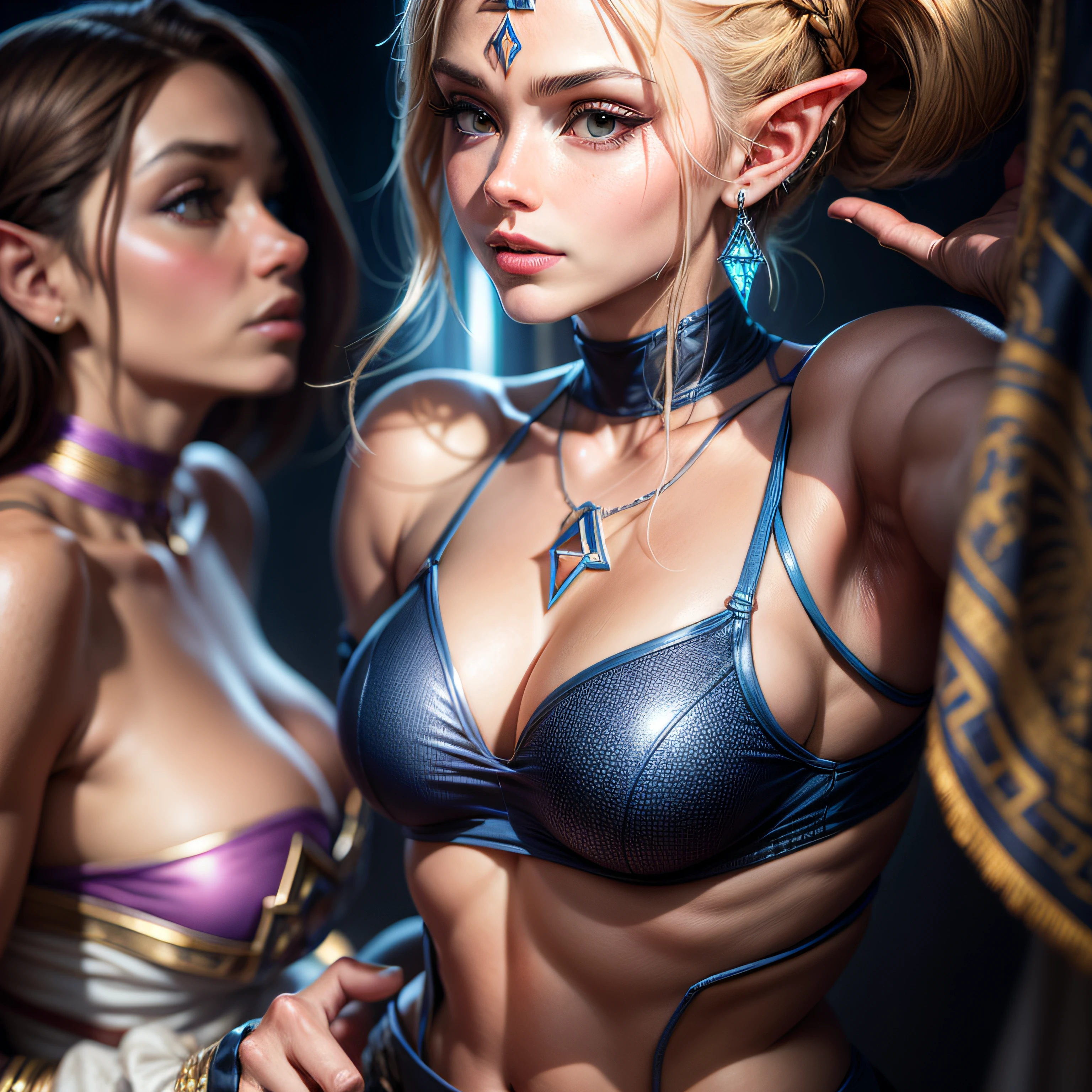 Mulher de cabelos loiros em roupa azul e bege segurando em poses de combate como em street fighter, Zelda, Retrato de Zelda, de lenda de Zelda, Link da lenda de Zelda, link do Zelda, Fotos cosplay, Cosplay ornamentado, Cosplay profissional, Cosplay, Cosplay Completo, Artgerm Moody Fotografia, Princesa Zelda, Zelda como Triforce, Hyrule, Anime Garota Cosplay, ray-traced, 3d-render, extremanente detalhado, alta qualidade, Luz e sombra realistas, cabelos loiros, eye reflection, Sorriso leve, ray tracing, ray tracing, High detail, realismo, hiper-realismo, profundidade de campo, cinematic lighting, desfoque de movimento, brilho, luz brilhante, raios de deus, ray tracing, reflection light, Afterimage, multiple views, Reflexo da lente, Bokeh, 4k, UHD, Masterpiece, anatomicamente correto, pele texturizada, Super Detalhe, alta qualidade, melhor qualidade, 8k