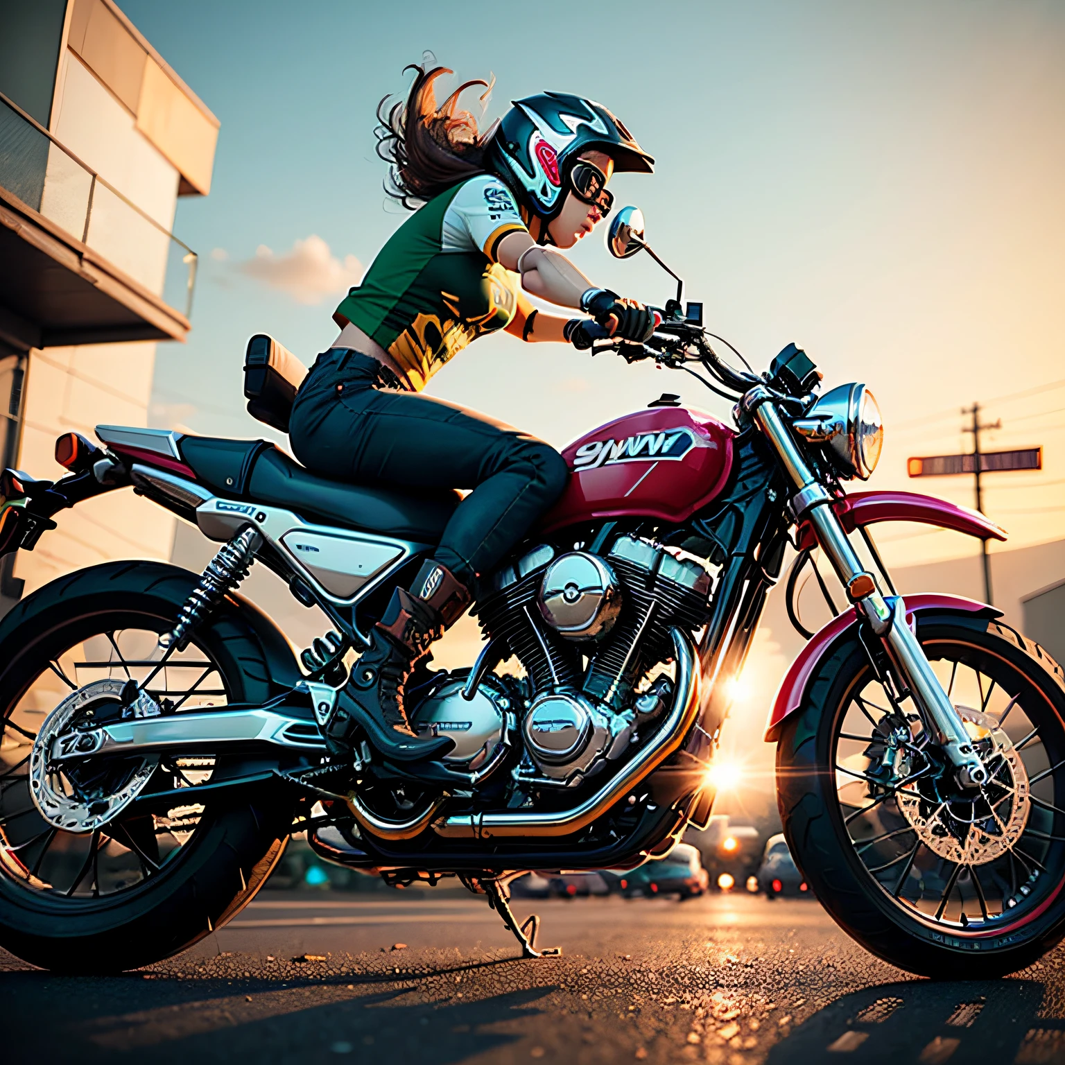 action shot of a motorbike, synthwave, tshirt vector , onclosed in a circle , sunset, contour, white background --auto