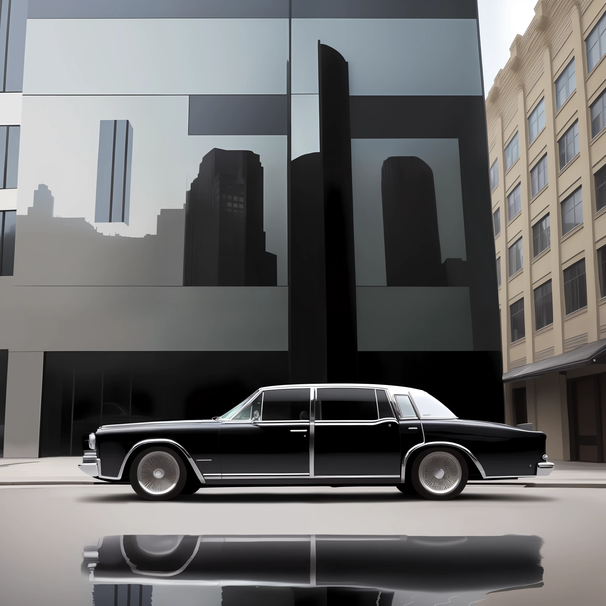 (masterpiece:1.3), black lowrider with suicide doors, Classic Lincoln Continental, side view with the mirrored executive building in the background, (reflective building: 1.2), to give an incredible shot of the car.