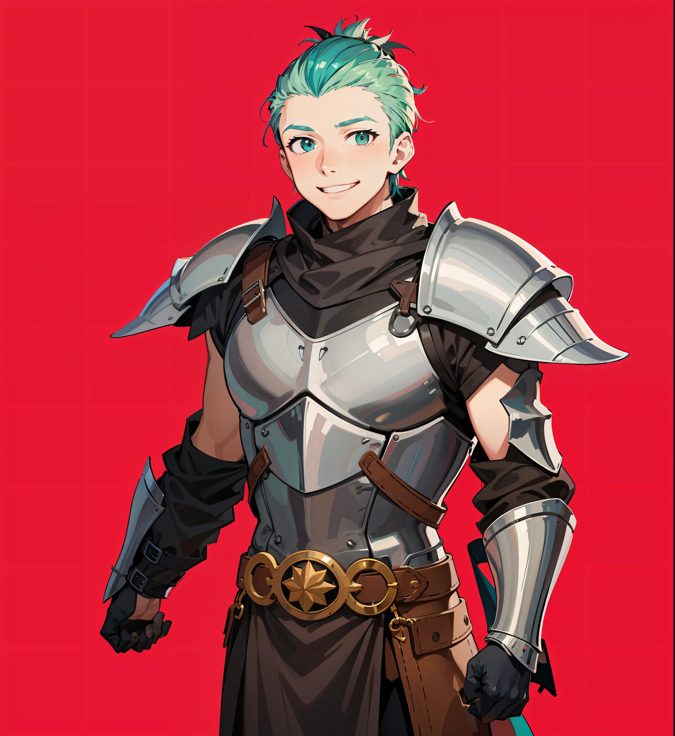 Screenshots of Anime A 25-year-old man with green mohawk hair in a medieval European knight costume stands looking at us with a very big smile。The body shape is thin。Fine line art 2020s anime