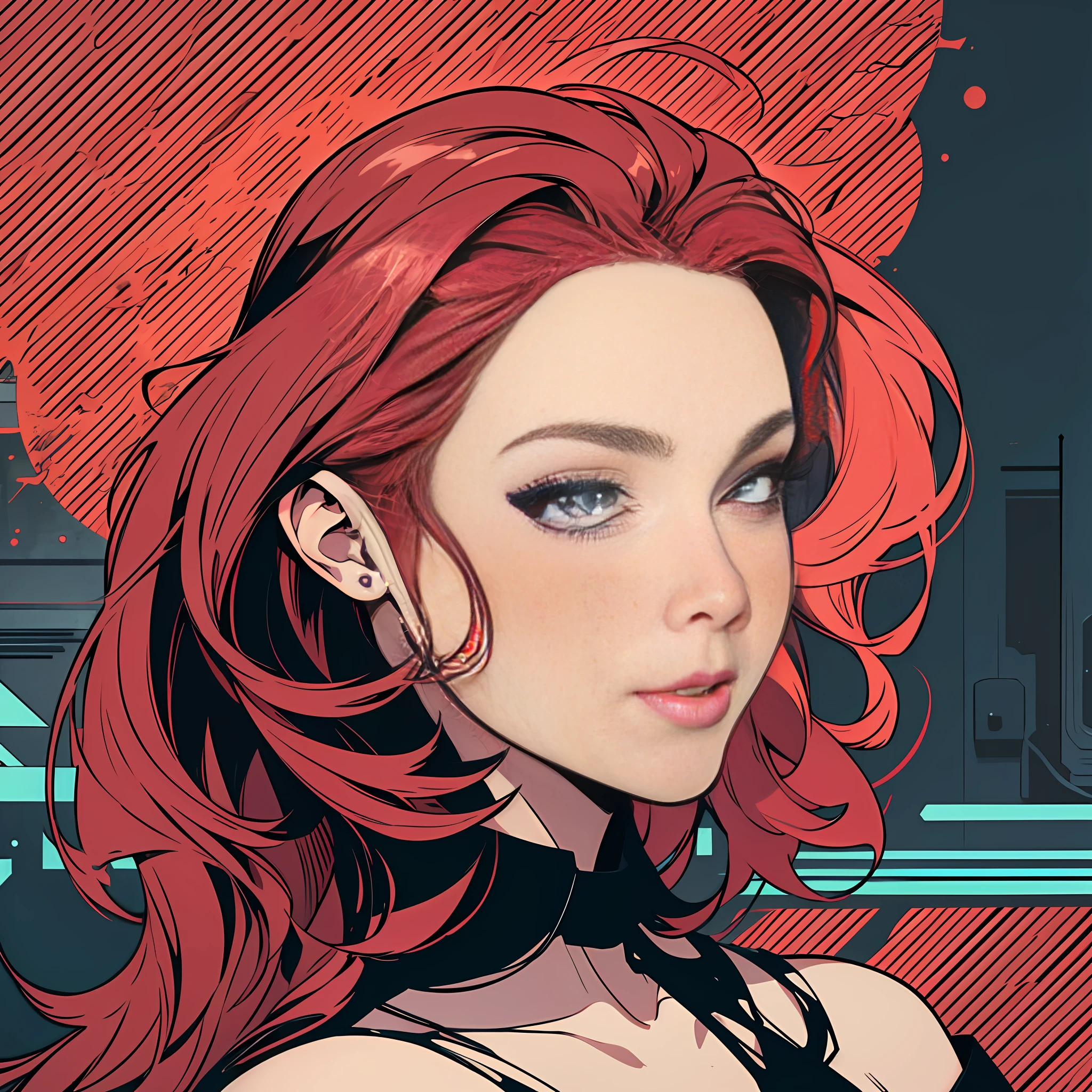 Beautiful cybepunk young woman with long red hair 2.0, line art style - (Waiting to start) --auto --s2