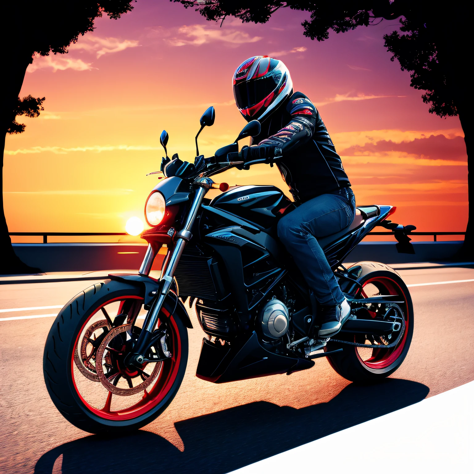 action shot of a motorbike, synthwave, tshirt vector , onclosed in a circle , sunset, contour, white background --auto