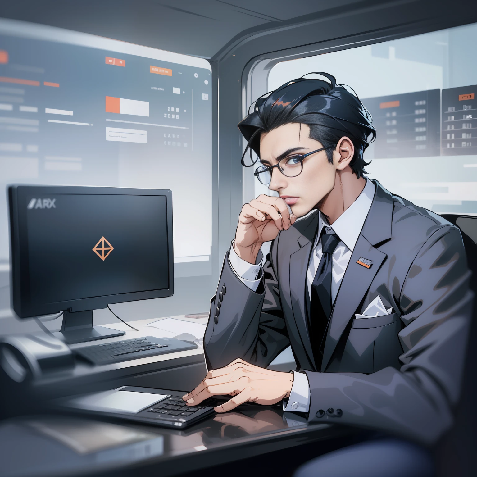 A man worksovertime in the office,lllustration, Digital art, Sharpfocus, Stylized, Flat colors,Sharp, Fine details, dark orangeand dark blue, high detail, bitter.Textless, Clean