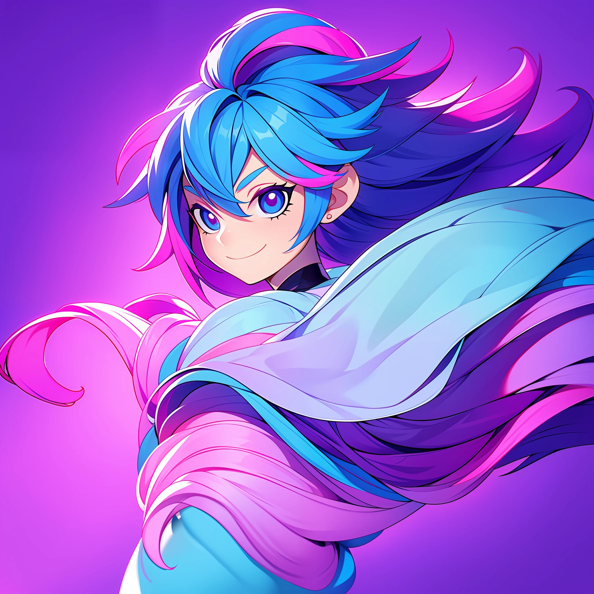A woman with cotton candy hair in vibrant shades of purple and electric blue. His gaze conveys a mixture of joy and sadness, with a bright smile and reflective eyes. The background is filled with a rainbow of bright colors, representing the variety of emotions she experiences.