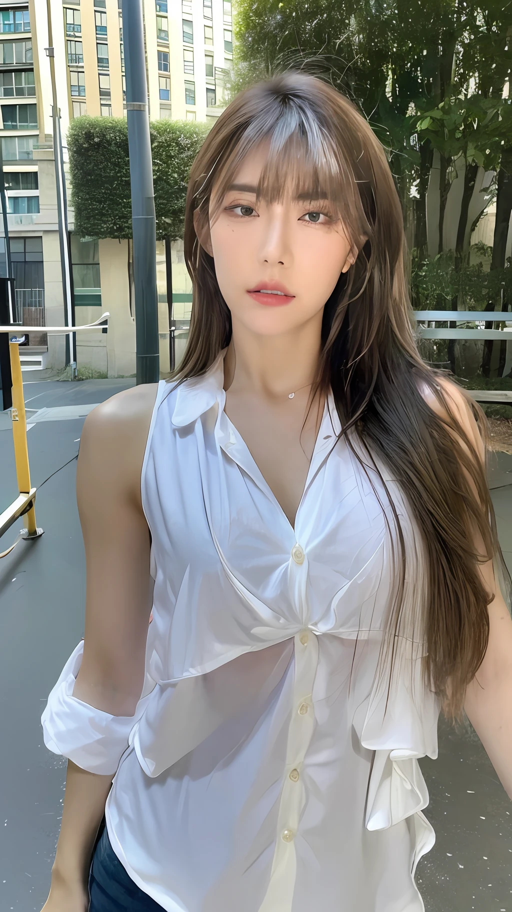 ((Best Quality, 8K, Masterpiece: 1.3)), Sharp: 1.2, Perfect Body Beauty: 1.4, Slim Abs: 1.2, ((Layered Hairstyle, Big Breasts: 1.2)), (Wet White Button Long Shirt: 1.1), (Rain, Street: 1.2), Wet: 1.5, Highly detailed face and skin texture, detailed eyes, double eyelids, side face looking at the camera