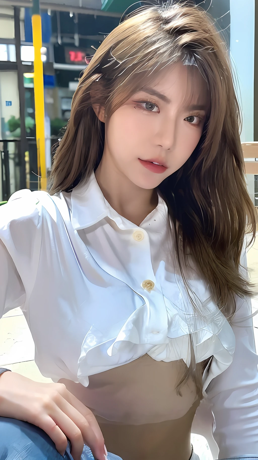 ((Best Quality, 8K, Masterpiece: 1.3)), Sharp: 1.2, Perfect Body Beauty: 1.4, Slim Abs: 1.2, ((Layered Hairstyle, Big Breasts: 1.2)), (Wet White Button Long Shirt: 1.1), (Rain, Street: 1.2), Wet: 1.5, Highly detailed face and skin texture, detailed eyes, double eyelids, side face looking at the camera