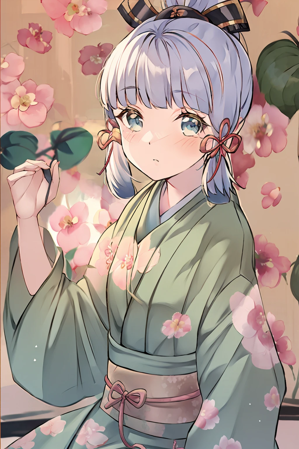 in kimono,(whitehair,Qi bangs:1.1),long way hair,(Melon seed face, face:1.1),(Peach blossom eyes:1.1),kamisato ayaka,(The painting style is cute:1.1),Ayaka,kamisato ayaka,view from distance