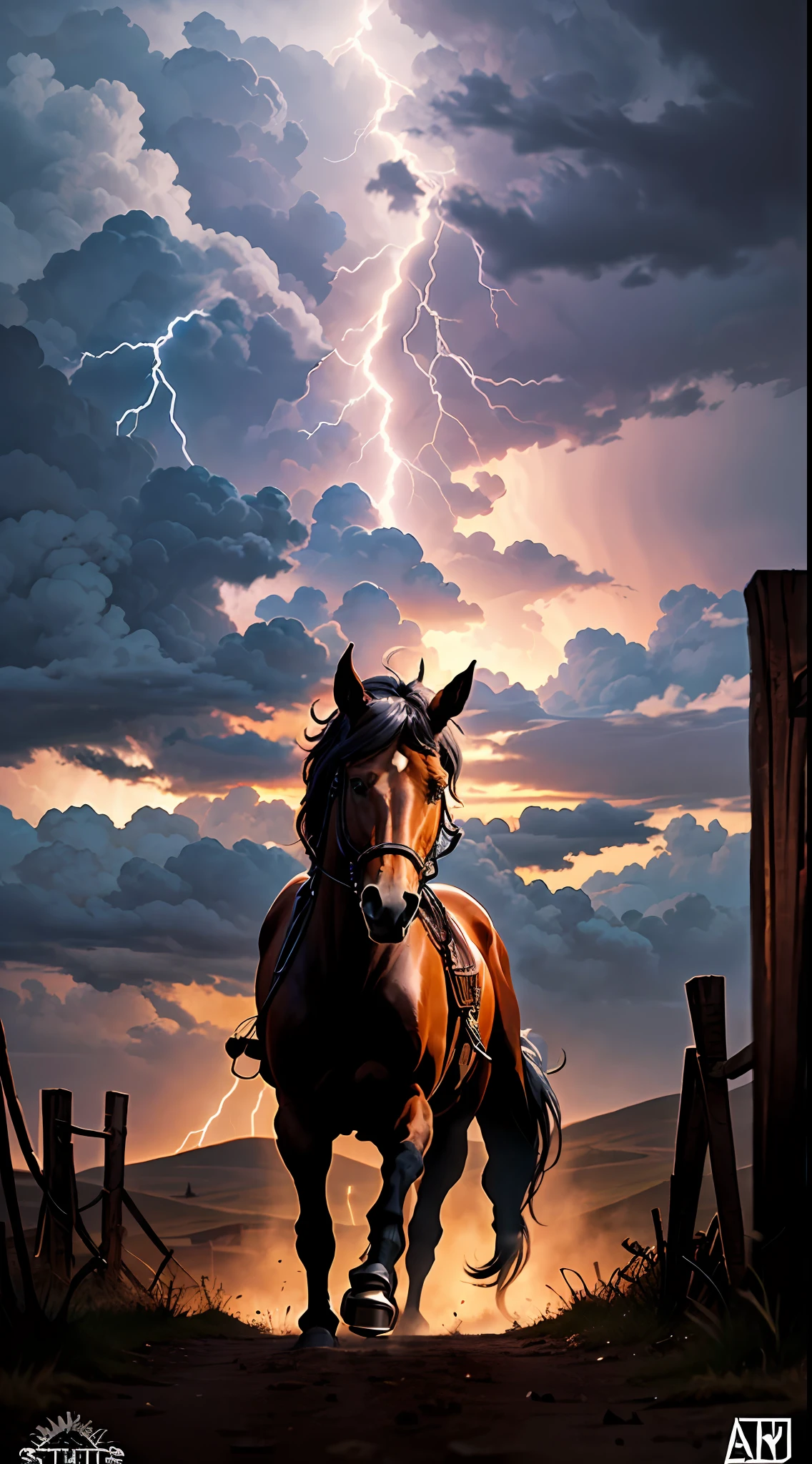 Logo on horse's head, silhuetas, Wild West Stile, Estilos de Cowboy, moldura redonda, anoitecer, Lightning in the sky, Wordless poster