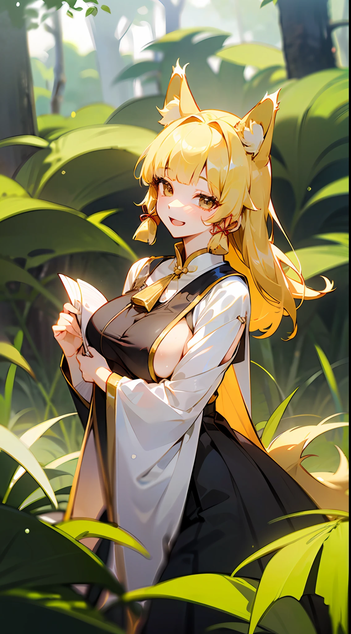 ((ayaka, golden hair, wolf ear, moderate breast, elegant smile, side boob:0.9, open mouth)), beautiful dress, ((from side, looking at viewer)),side boob, sweaty, in the middle of forest.