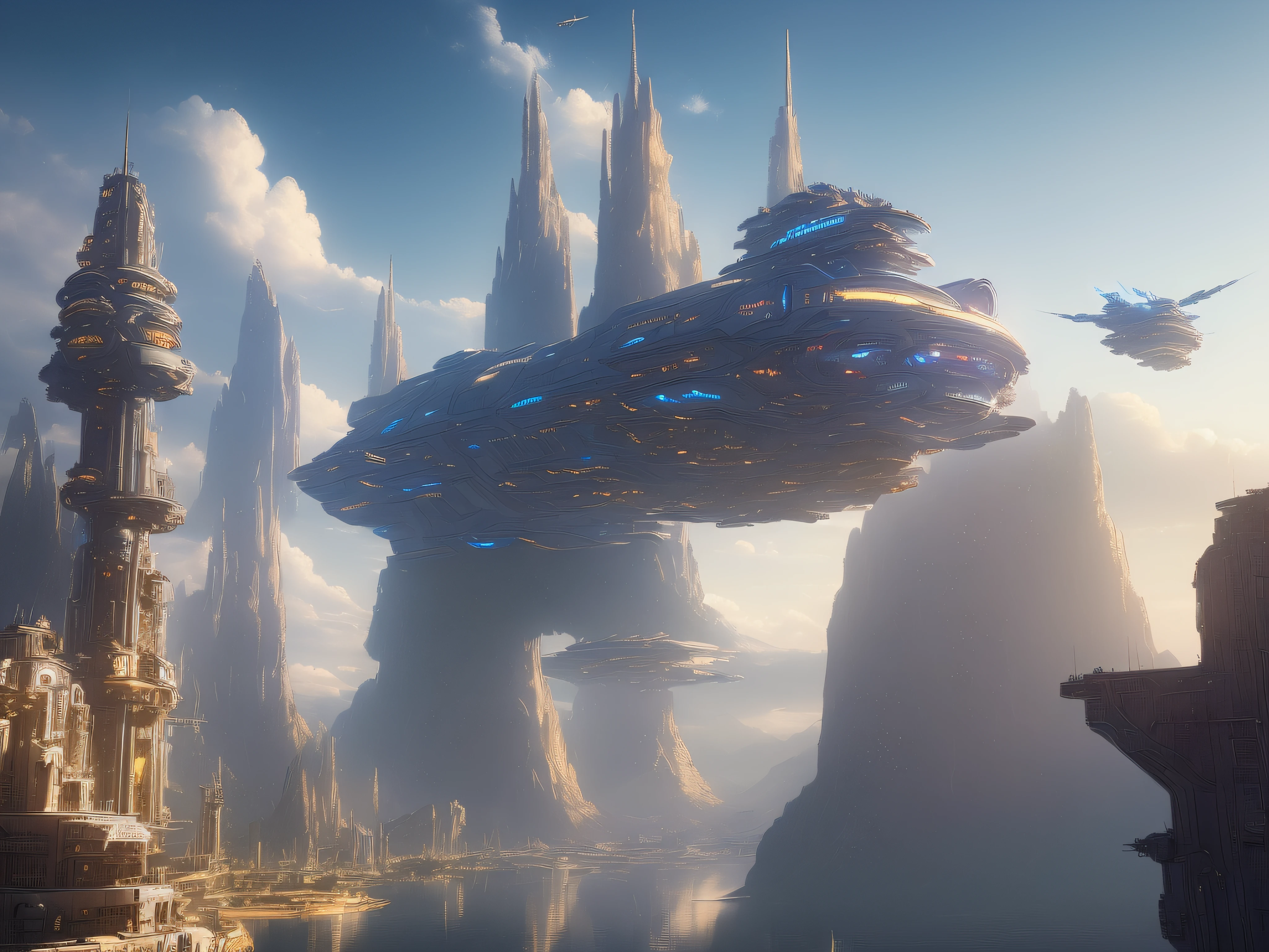 ((masterpiece)),((best quality)),((high detail)),((realistic,)) Hovering massive spaceship on a sci-fi port city, docking yard, steampunk_architecture, blue_sky, nebula in the background, clouds, mountains, picturesque scenery, skyscrapers