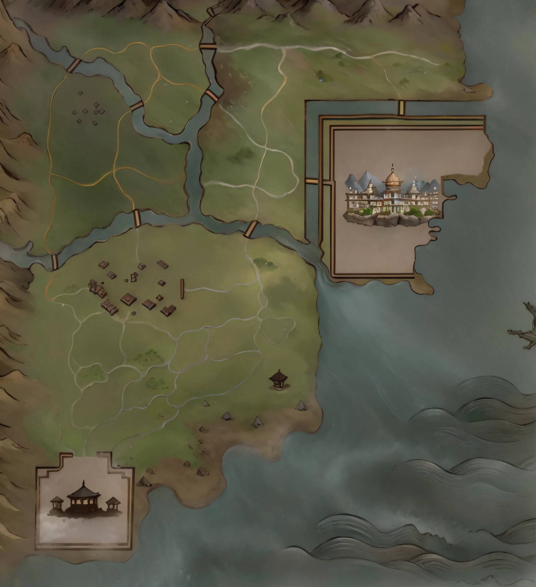 (map), a map of rpg game, detailed, mountains, rivers, auspicious clouds, masterpieces, holding, super detail, epic composition, ultra HD, high quality, extremely detailed, official art, unified 8k wallpaper, Super detail, 32k -- v 6, no sunshine, straight, no squiggles, less moutains, plains