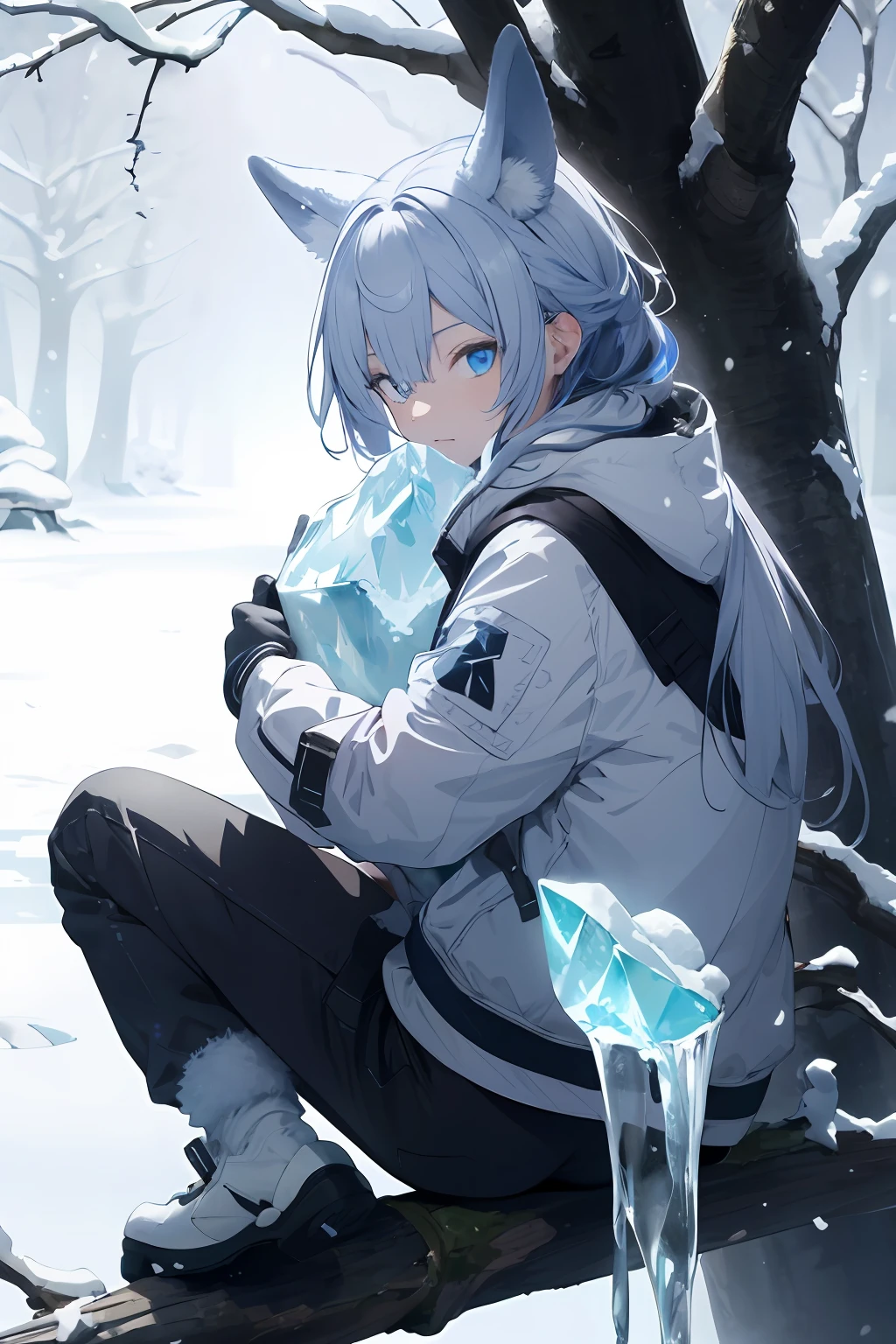 a highres,Ultra detailded,(Abstract background:1.5)(1 juvenile:1.3),Kamimei,(Glowing blue eyes),enigmatic,((Sit on a tree)),Ice and snow,White breath、blushes、It's snowing、Official art,统一 8k 壁纸,Beauty and aesthetics,A masterpie,best qulaity,(Ice and snow),,higly detailed,Variegated,Most details、