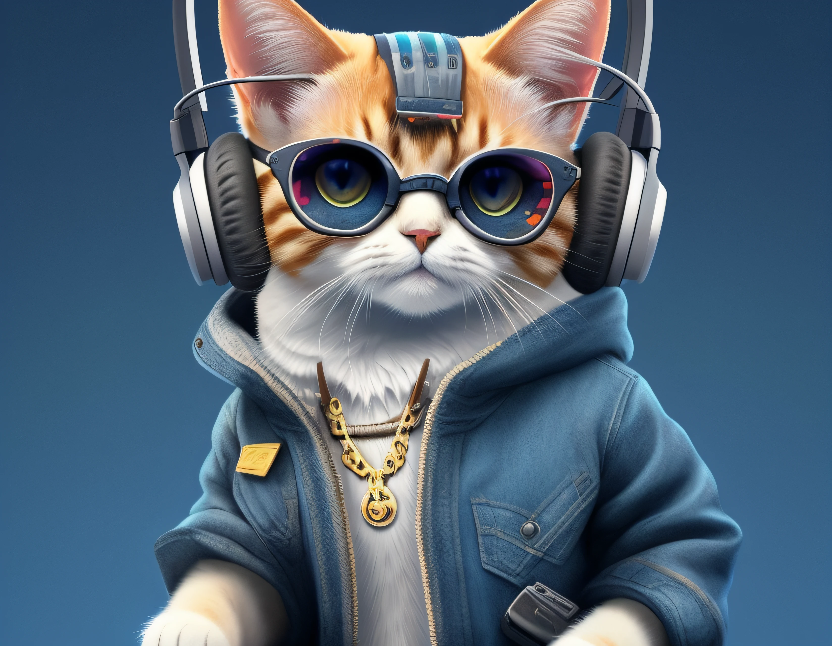 there is a cat wearing headphones and a jacket, gato cyberpunk, olhando heckin legal e elegante, Cybercat, usando fones de ouvido de gato, retrato de alta qualidade, anthropomorphic female cat, artista peludo, Arte peluda, painting digital adorable, design do gato, arte digital bonito, arte digital detalhada bonito, Arte digital alucinante, gato anime, ultra realistic illustration, arte de fantasia peluda