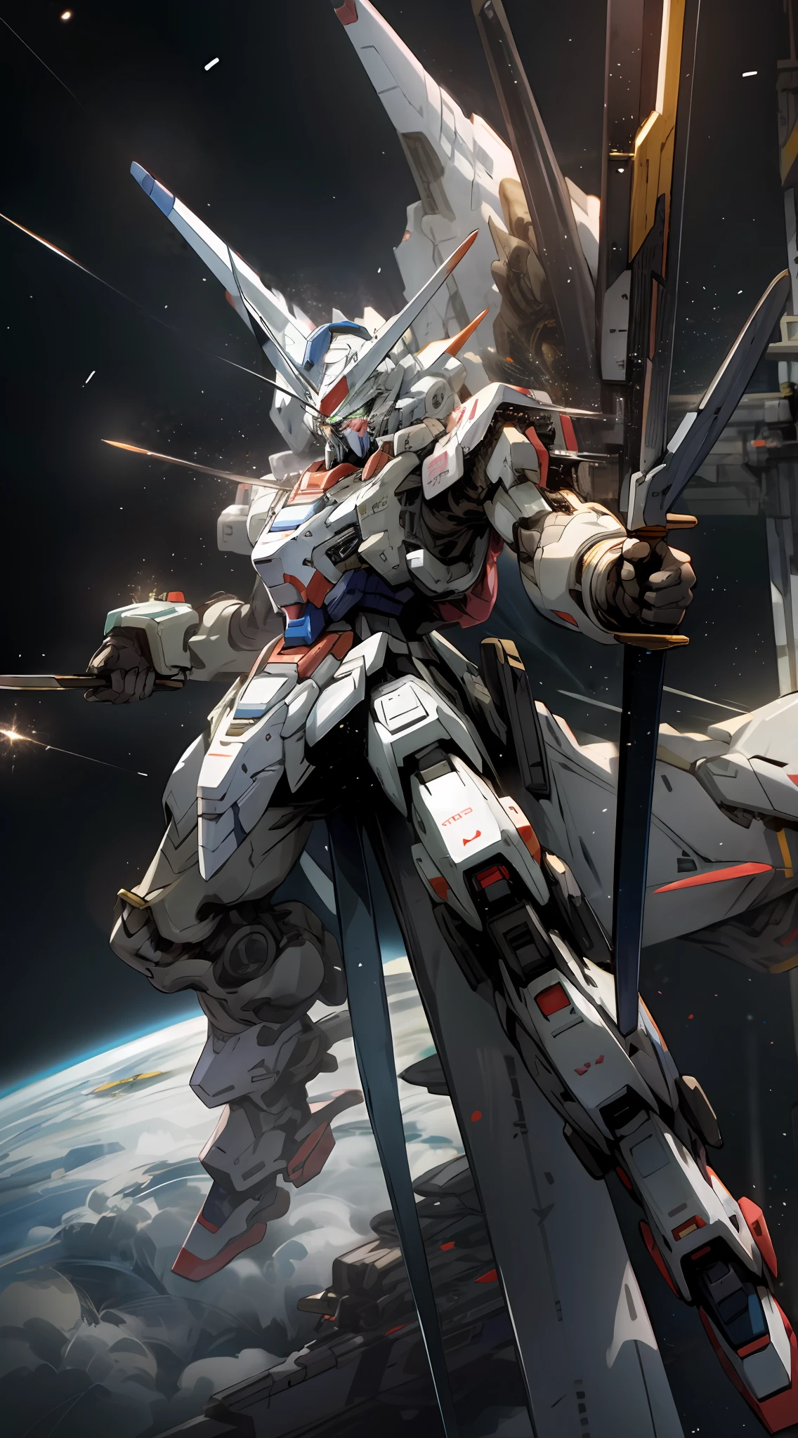 glowing with,Mecha Gundam,Space Station ,specifics,8K,Virtual engine rendering,Three-knife flow