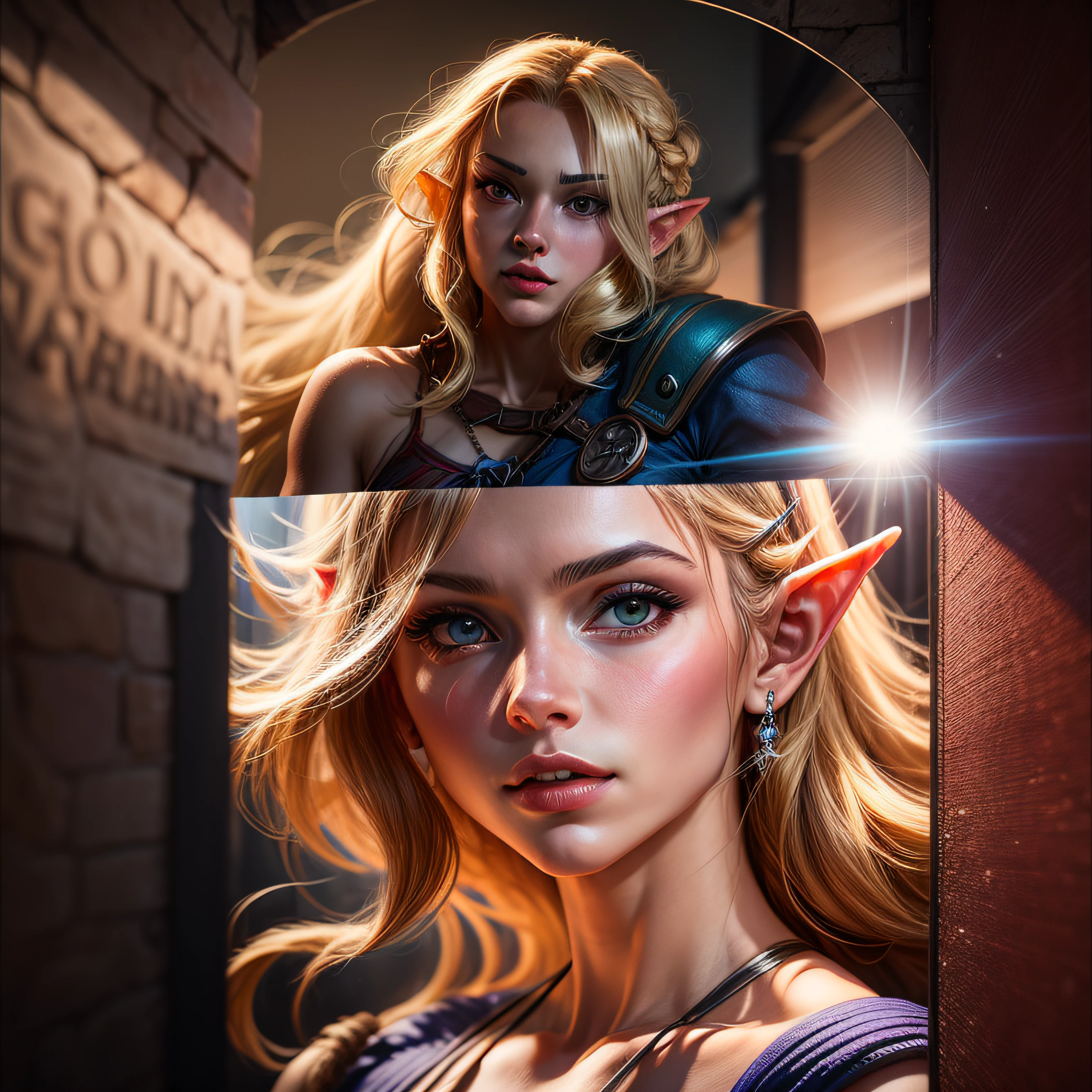 Mulher de cabelos loiros em roupa azul e bege segurando em poses de combate como em street fighter, lutando como em street fighter 2, guerreira, Zelda, Retrato de Zelda, de lenda de Zelda, Link da lenda de Zelda, link do Zelda, Fotos cosplay, Cosplay ornamentado, Cosplay profissional, Cosplay, Cosplay Completo, Artgerm Moody Fotografia, Princesa Zelda, Zelda como Triforce, Hyrule, Anime Garota Cosplay, ray-traced, 3d-render, extremanente detalhado, alta qualidade, Luz e sombra realistas, cabelos loiros, eye reflection, Sorriso leve, ray tracing, ray tracing, High detail, realismo, hiper-realismo, profundidade de campo, cinematic lighting, desfoque de movimento, brilho, luz brilhante, raios de deus, ray tracing, reflection light, Afterimage, multiple views, Reflexo da lente, Bokeh, 4k, UHD, Masterpiece, anatomicamente correto, pele texturizada, Super Detalhe, alta qualidade, melhor qualidade, 8k