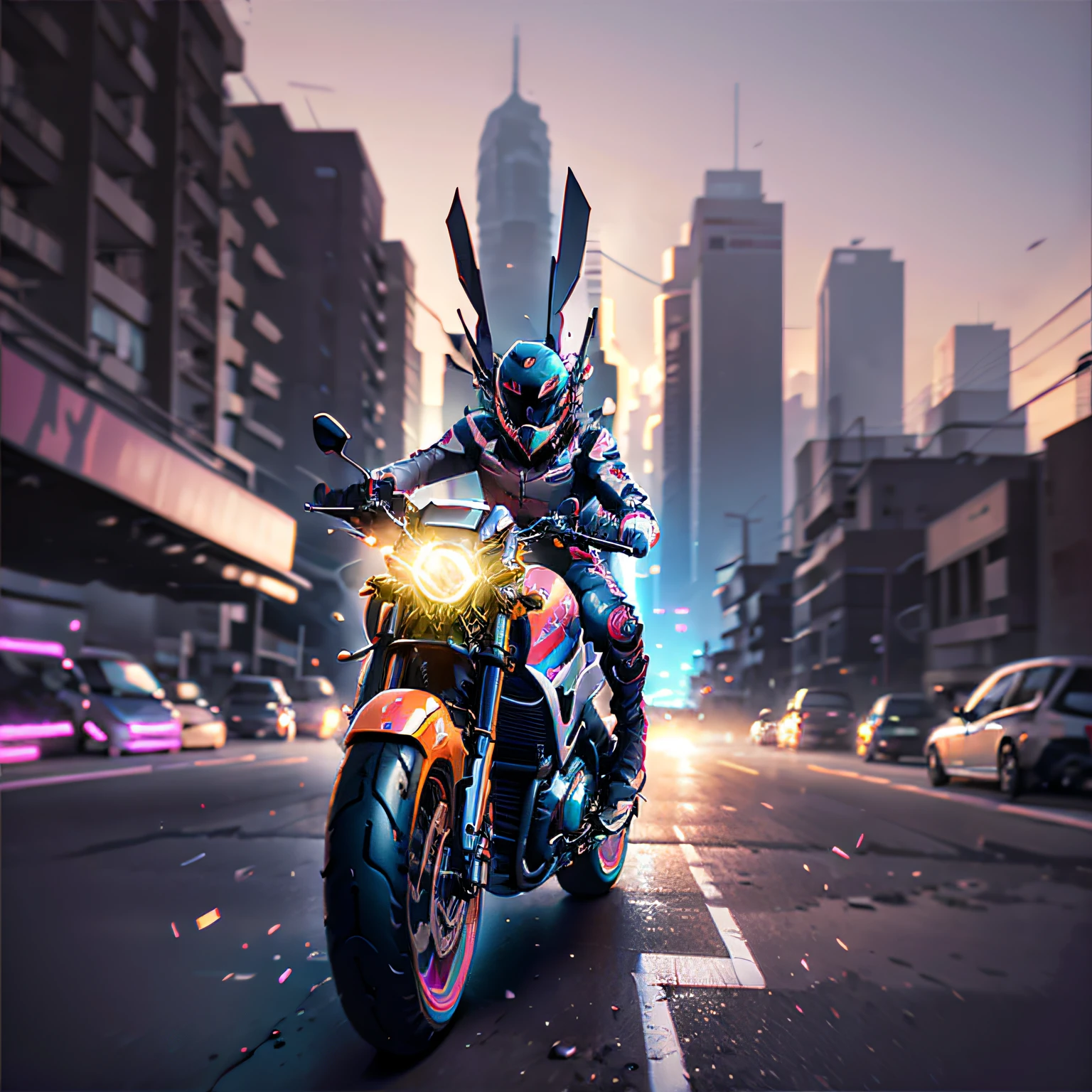 action shot of a motorbike, synthwave, onclosed in a circle , sunset, white background --auto