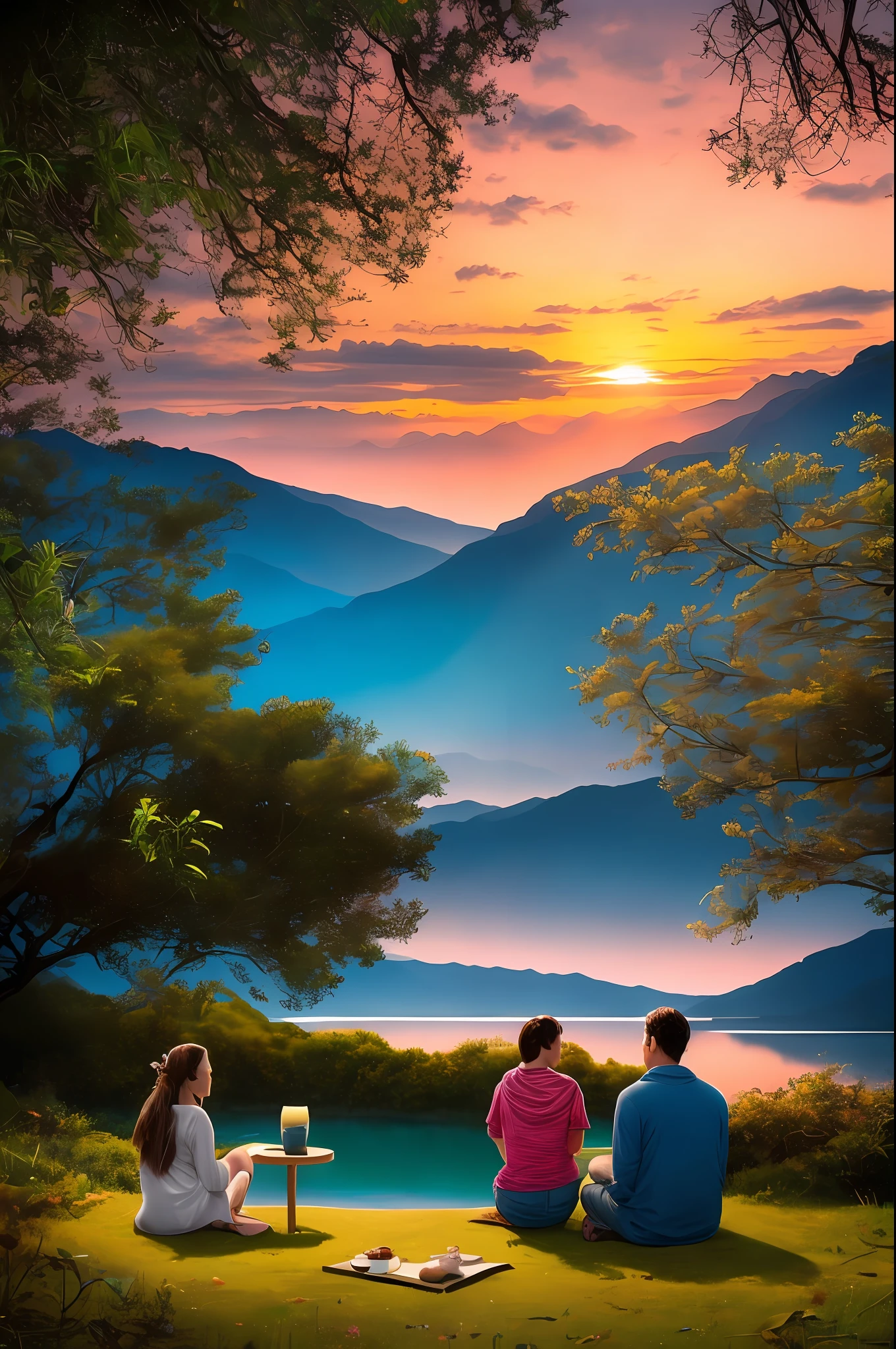 (Masterpiece, melhor qualidade, ultra-detalhado CG unidade 8k papel de parede) uma velha cabana junto ao lago reflete surrealismo e realismo em harmonia, with people relaxing and having fun at sunset. The special lighting as on a film set increases the feeling of tranquility in a spectacular landscape.