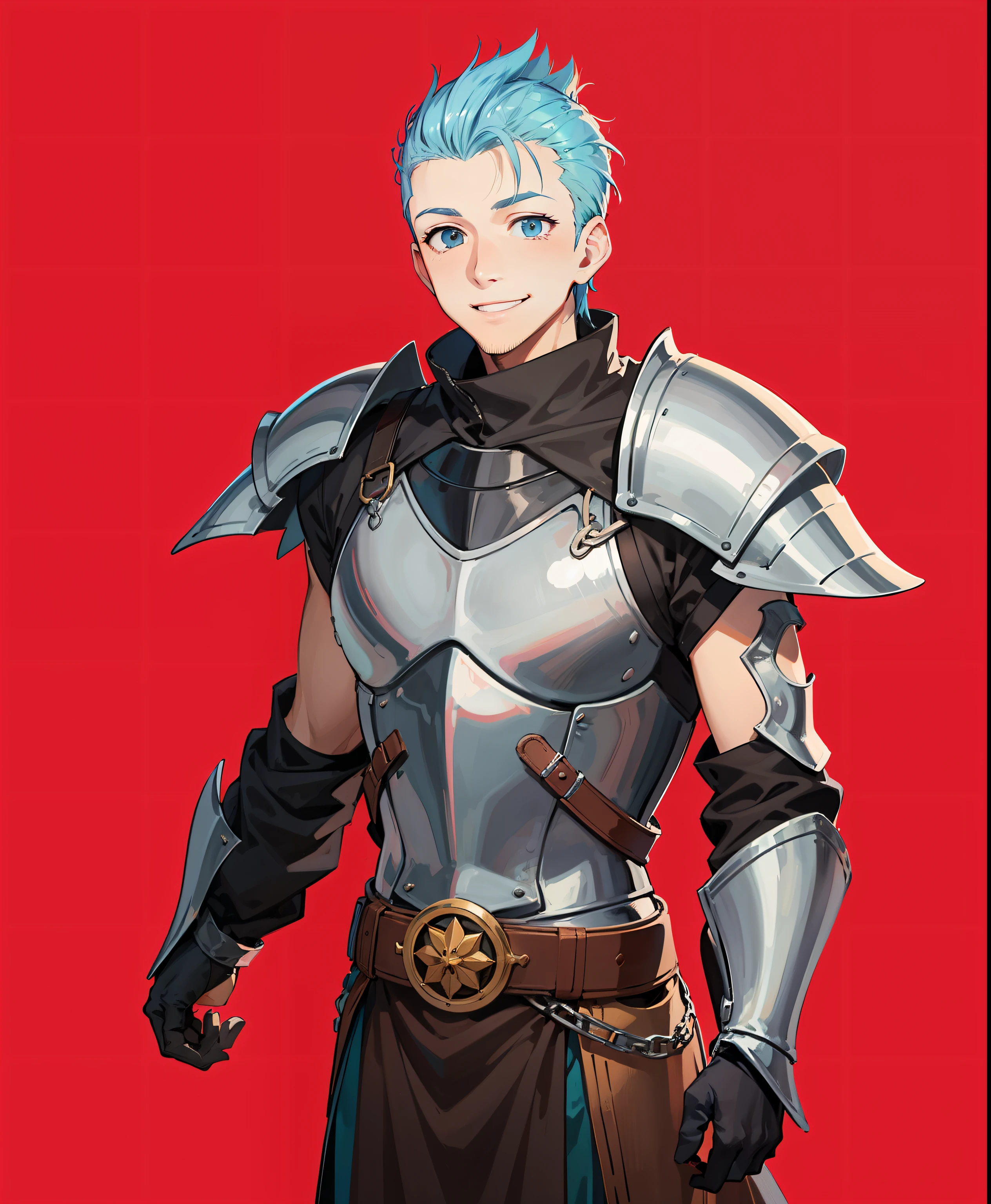 Screenshot of Anime A 30-year-old man with light blue mohawk hair in a medieval European knight costume stands looking at us with a very smile。Hands are clasping。The body shape is thin。Fine line art 2020s anime