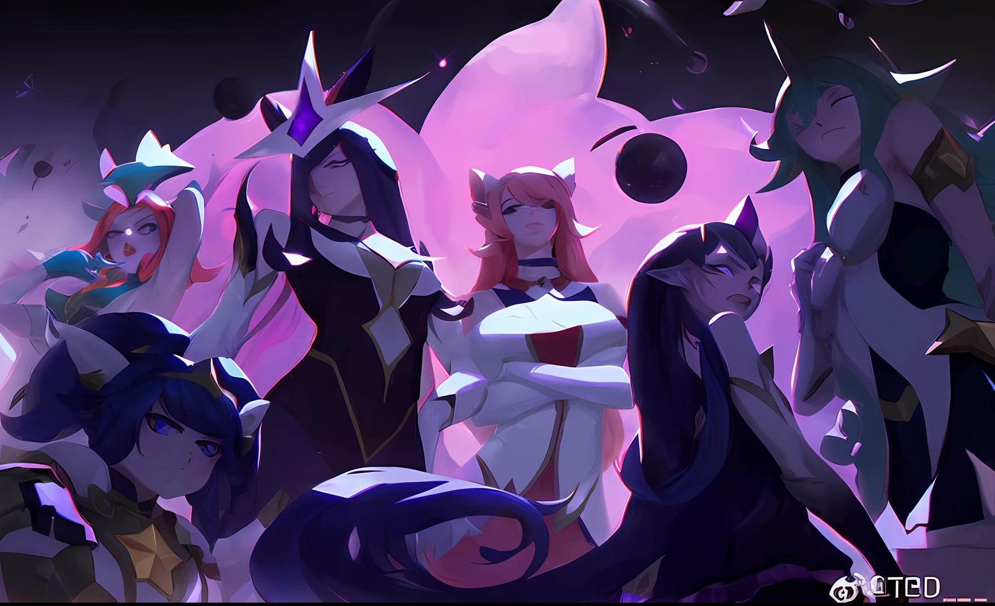 anime characters are standing in a line with a purple background, star guardians, seraphine ahri kda, league of legends style art, league of legends art style, league of legends art, league of legend illustration, league of legends character art, jazza and rossdraws, from league of legends, krenz cushart and artgerm --auto --s2
