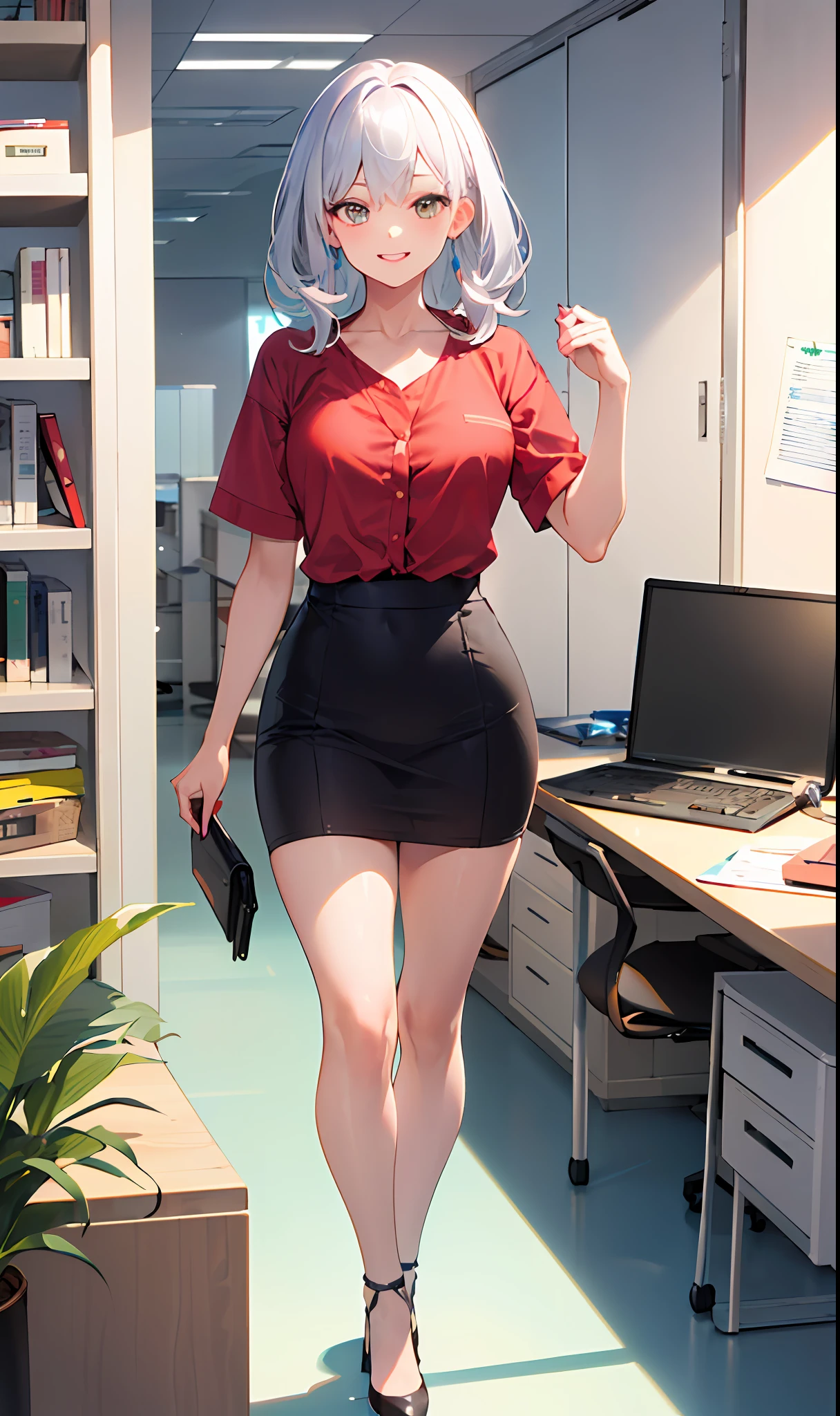 ((obra-prima, melhor qualidade)), (1girl),((female mature)), cabelo loiro claro,orelhas de raposa, ((office lady)), franja, average chest, (peituda), magro, sorriso, [quadris largos ],ar livre,standing on, aru \(arquivo azul\),