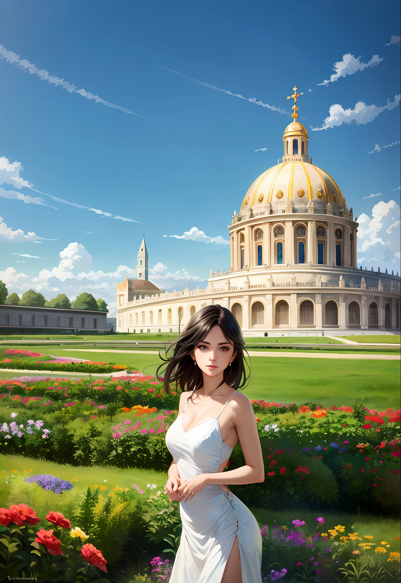 Model shooting style, (extremely detailed CG Unity 8k wallpaper), full-shot body photo of the most beautiful artwork in the world, stunning beautiful photo realistic available, super realistic super detailed photo, a beautiful girl as a female dancer,complex dress, banquet, crowd, [slight smile],(Chateau de Versailles, Pisa Baptistery Of St. John background, Flowers,navel,crowd),(princess eyes, shining pupils),detailed symmetrical beautiful hazel eyes, detailed gorgeous face, highly detailed, Vibrant, professional majestic oil painting by Ed Blinkey, Atey Ghailan, Studio Ghibli, Jeremy Mann, Greg Manchess, Antonio Moro, ArtStation Trends, CGSociety Trends, Complex, High Detail, Sharp Focus, Dramatic, Realistic Painting Art, by Midjourney and Greg Written by Rutkowski