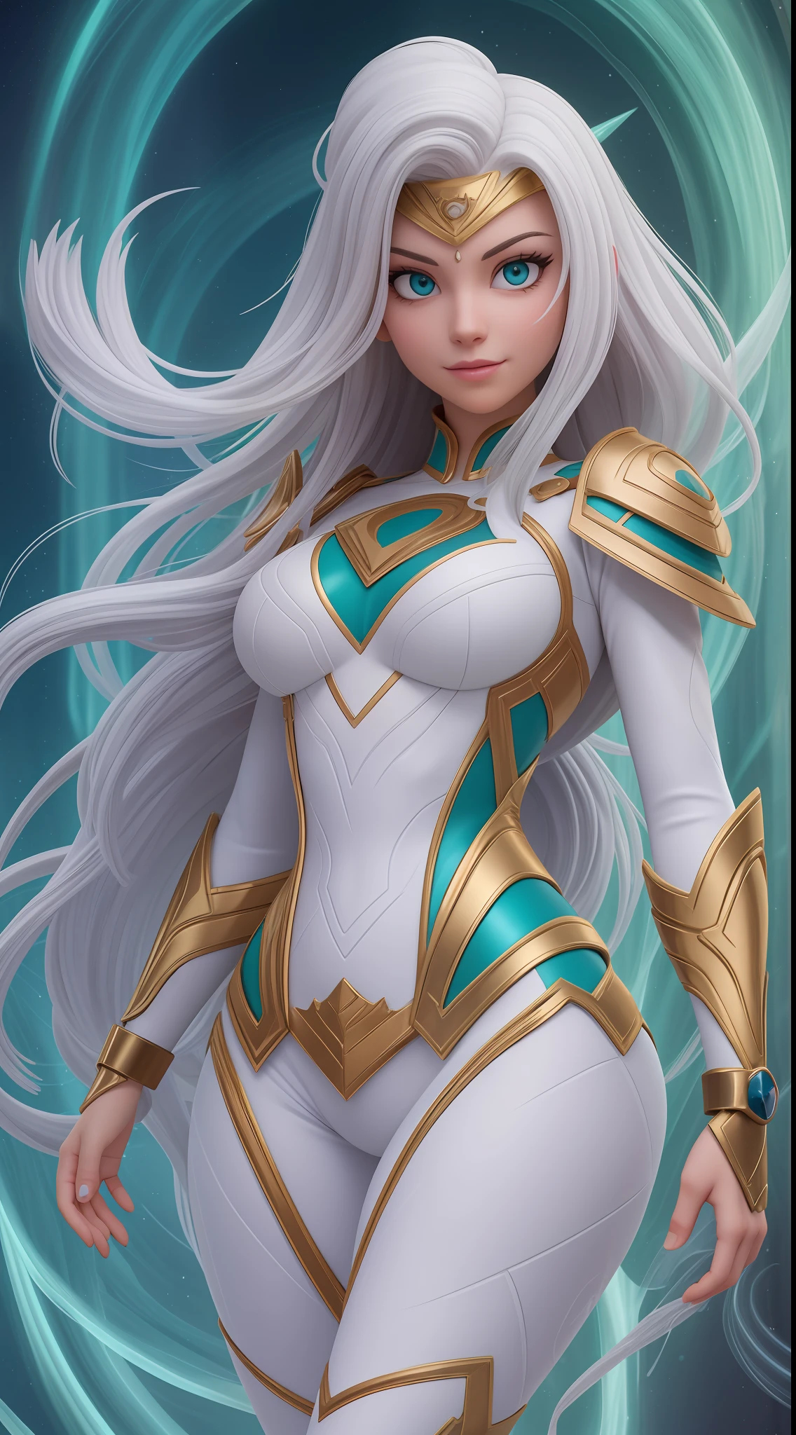 Aurora is a superheroine with a truly stunning appearance. His presence is marked by a radiant beauty and a luminous aura. Your skin is flawless and radiates a soft glow, giving it a heavenly appearance.

Their hair is long and silky, em tons de dourado ou prateado, lembrando os raios de sol ou a luz da lua. Eles parecem brilhar naturalmente, refletindo a luminosidade que ela controla com maestria.

Aurora's eyes are captivating, displaying a unique hue that varies between shades of intense blue, verde suave ou mesmo um brilho cintilante. They emit an ethereal glow, that conveys your intimate connection with light.

Her superhero costume is elegant and at the same time functional. Geralmente, It is composed of light tissues and fluids, em tons de branco, prata e nuances de cores claras. The suit is designed to reflect light and accentuate its luminous presence.