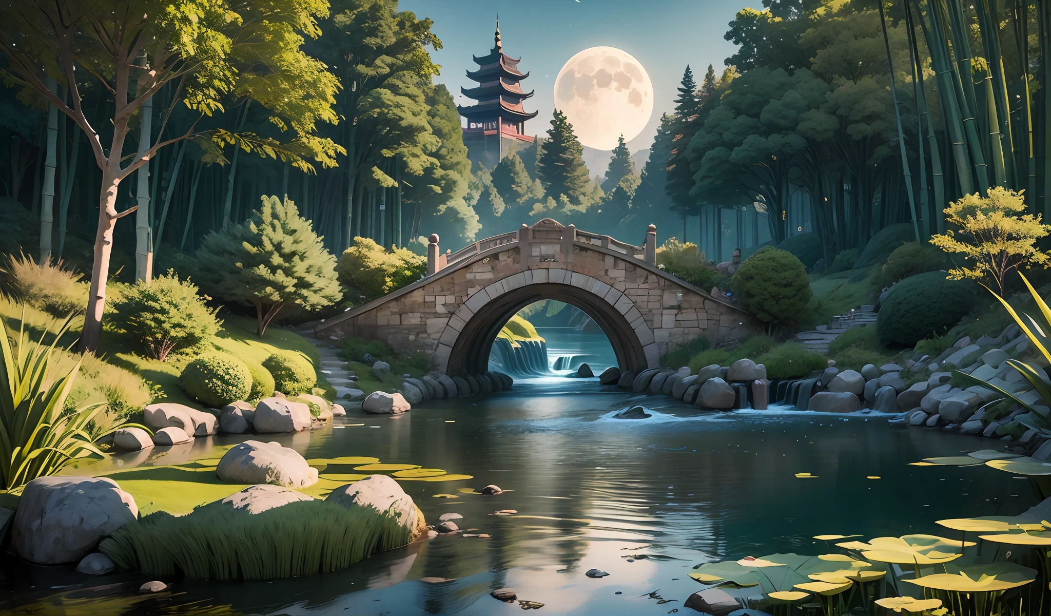 9:16 Full picture, ancient Chinese architecture, hazy moon, night, garden, bamboo, lake, stone bridge, rockery, arch, corner, rockery, tree, running water, landscape, outdoor, waterfall, grass, rock, water lily, hot spring , Water Vapor, (Illustration: 1.0), Epic Composition, Detail Enhancement, Detail Enhancement. Realistic lighting, HD details, masterpiece, best quality, (very detailed CG unity 8k wallpaper), (best quality)